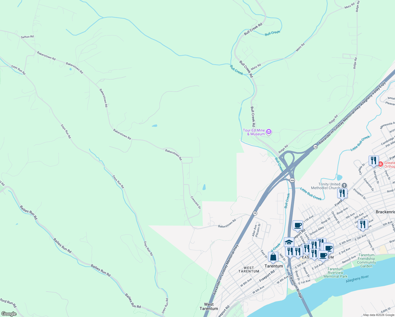 map of restaurants, bars, coffee shops, grocery stores, and more near 312 Mechling Street in Tarentum