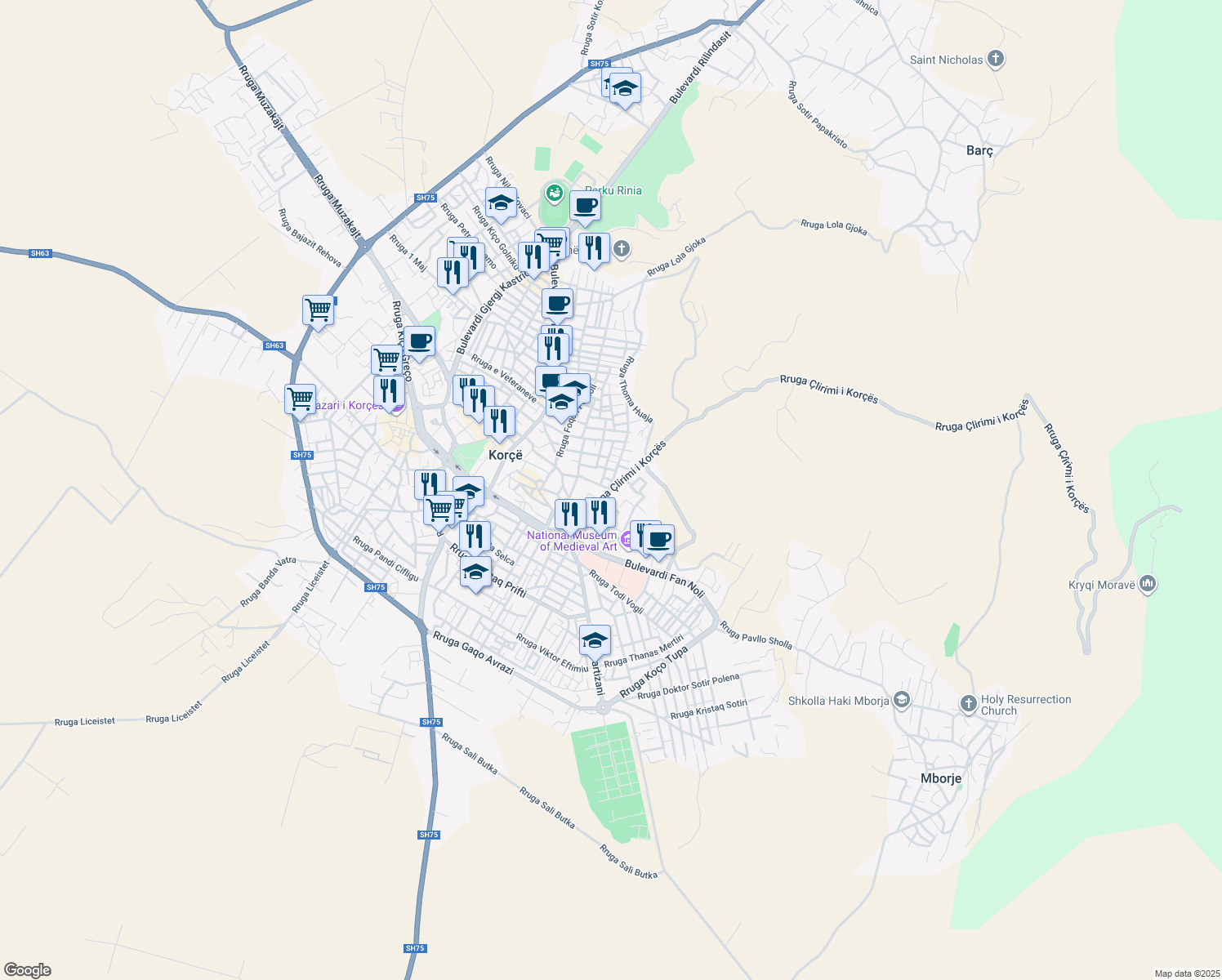 map of restaurants, bars, coffee shops, grocery stores, and more near Rruga Çlirimi i Korçës in Korçë