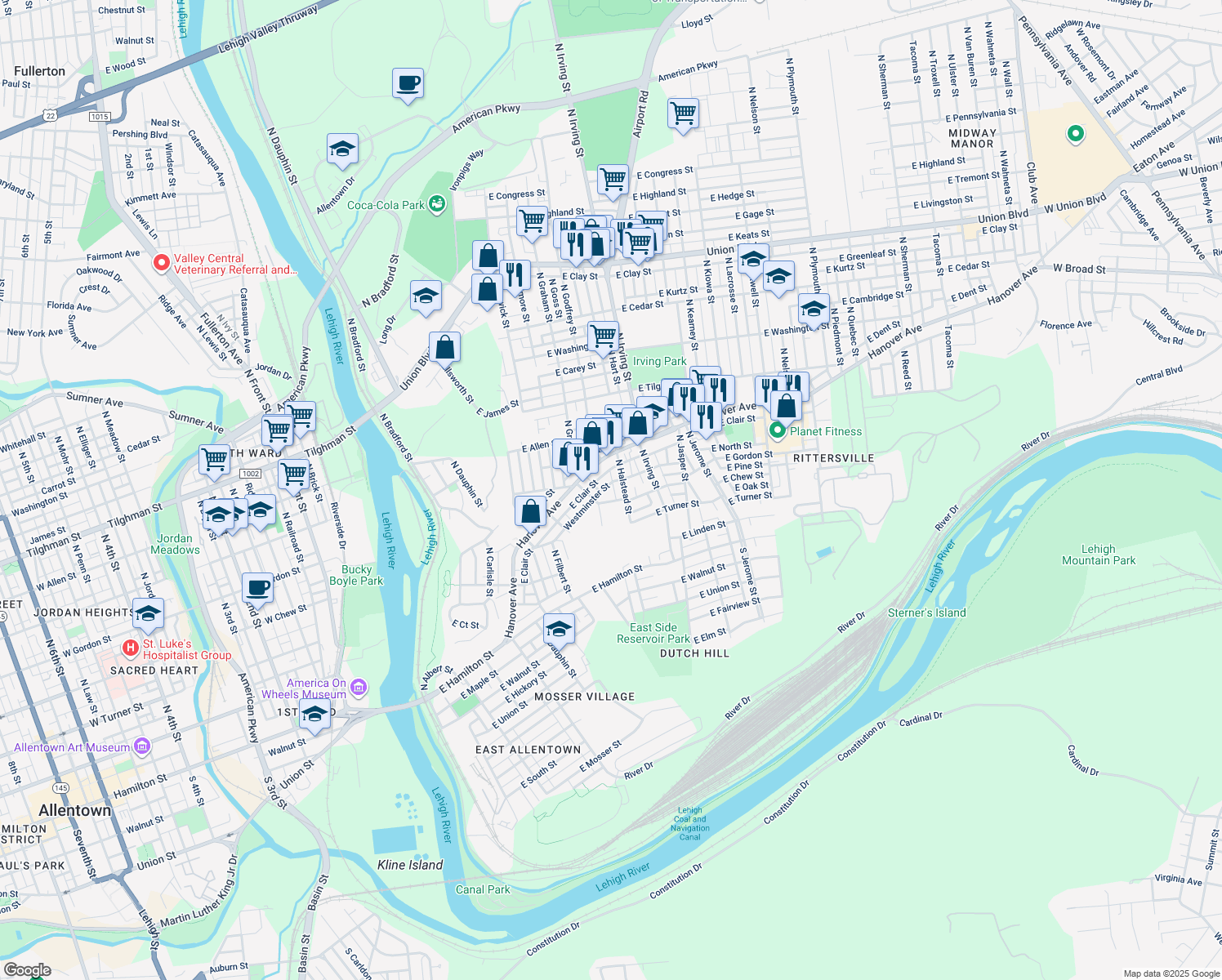 map of restaurants, bars, coffee shops, grocery stores, and more near 724 Westminster St in Allentown