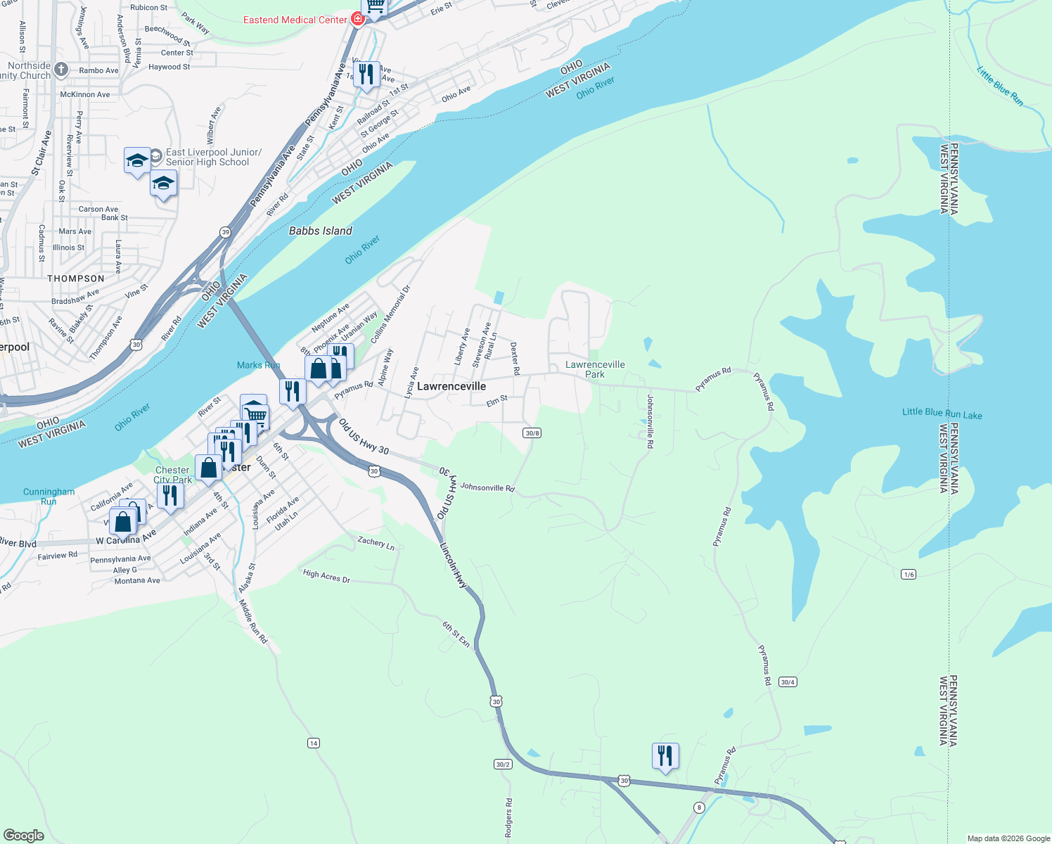 map of restaurants, bars, coffee shops, grocery stores, and more near Maple Ln in Chester