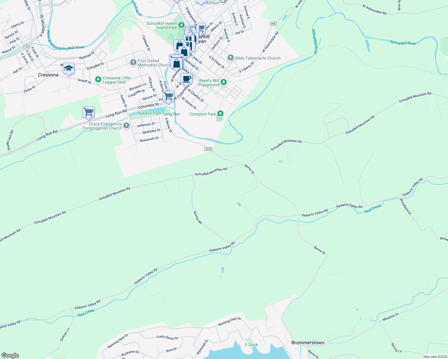 map of restaurants, bars, coffee shops, grocery stores, and more near 1130 Schuylkill Mountain Road in Schuylkill Haven
