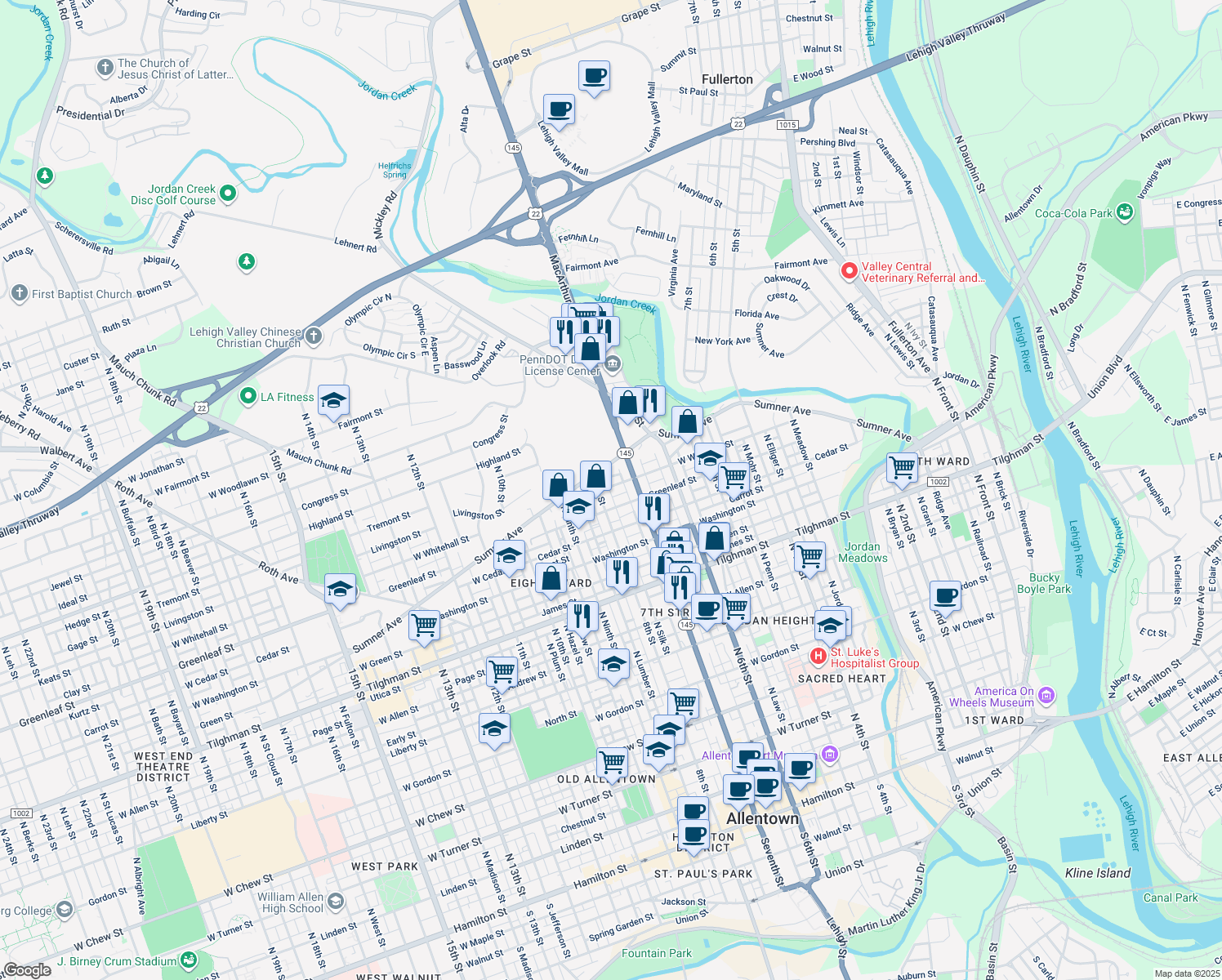 map of restaurants, bars, coffee shops, grocery stores, and more near 732 West Whitehall Street in Allentown