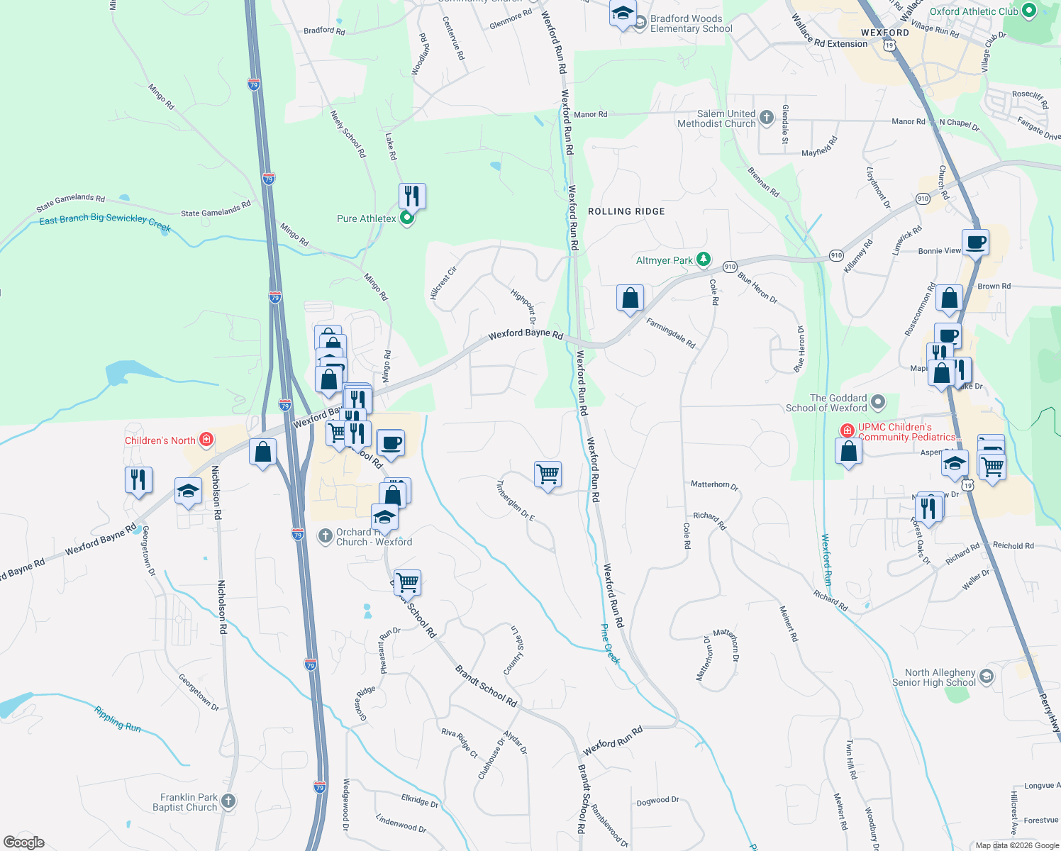 map of restaurants, bars, coffee shops, grocery stores, and more near 1812 Willow Oak Drive in Wexford