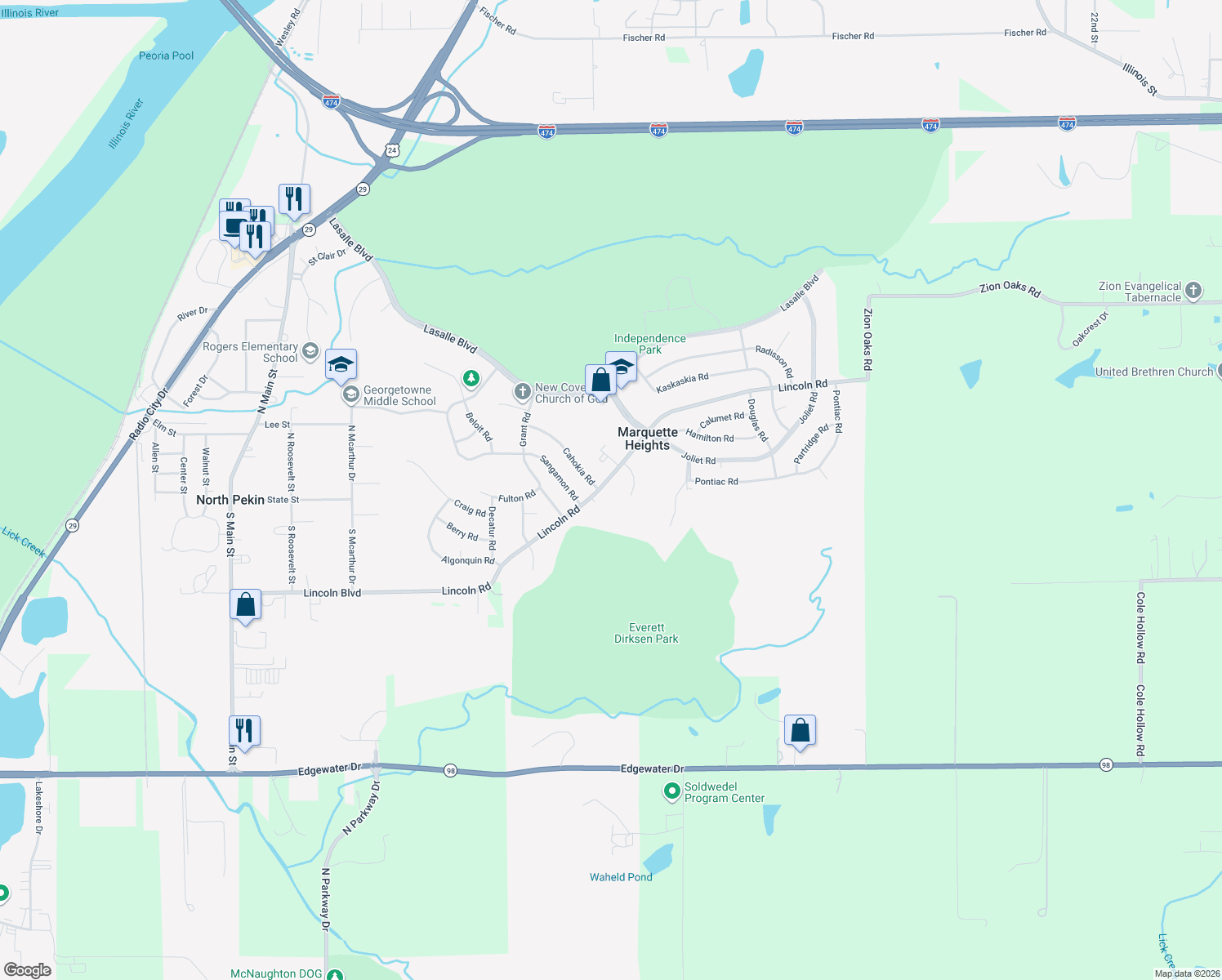 map of restaurants, bars, coffee shops, grocery stores, and more near 702 Lincoln Rd in Marquette Heights