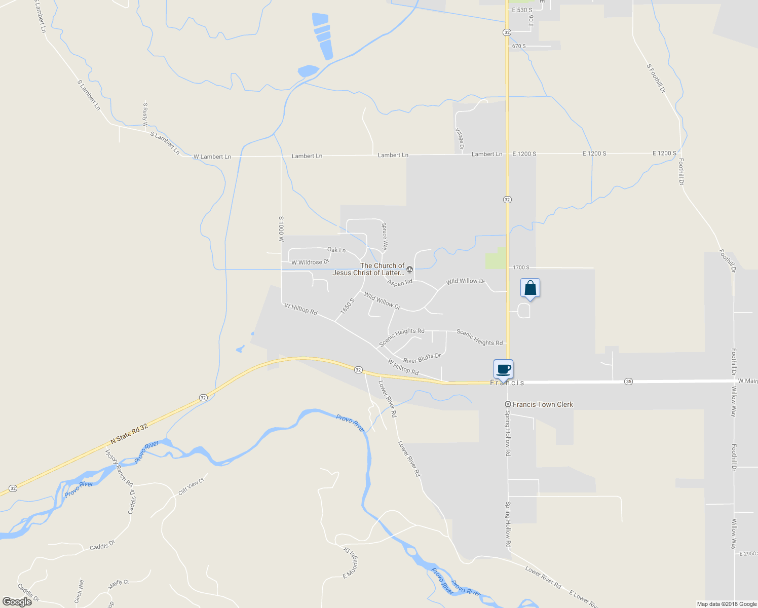 map of restaurants, bars, coffee shops, grocery stores, and more near 566 Wild Willow Drive in Kamas