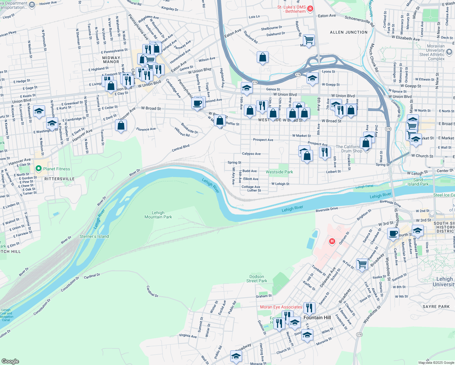 map of restaurants, bars, coffee shops, grocery stores, and more near 1801 Elliott Avenue in Bethlehem