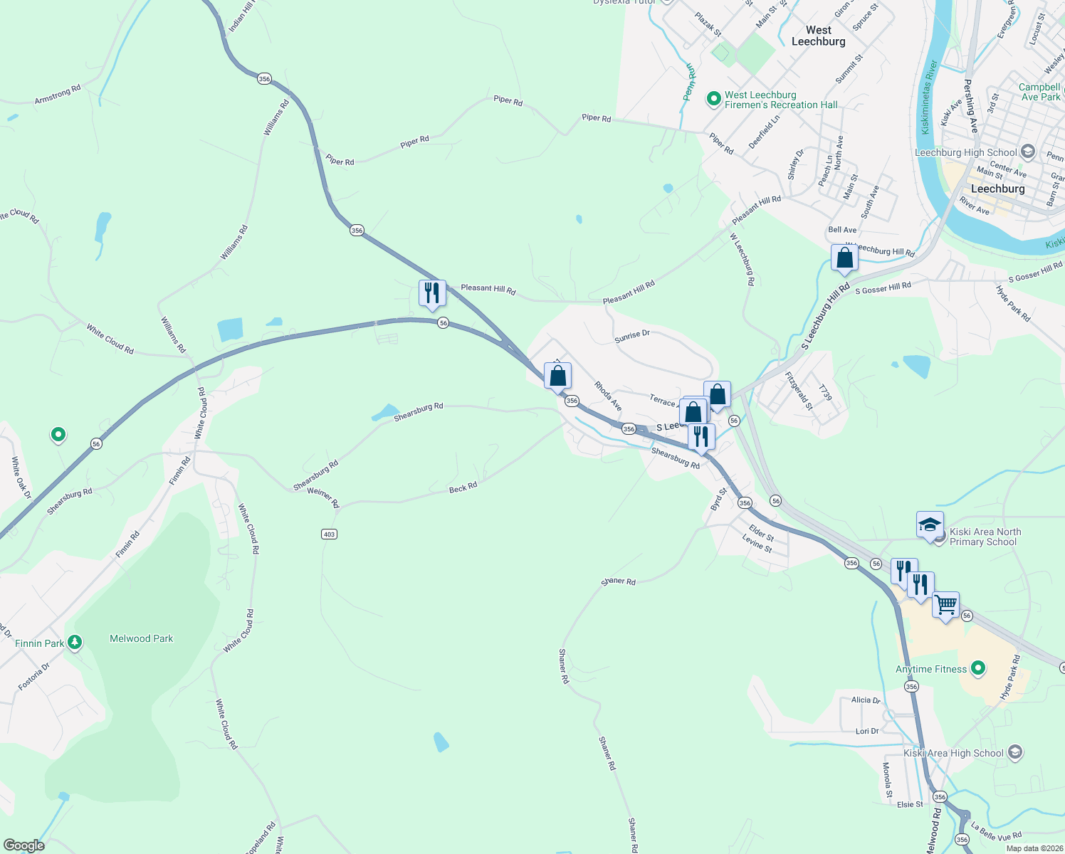 map of restaurants, bars, coffee shops, grocery stores, and more near 6198 Shearsburg Road in Leechburg