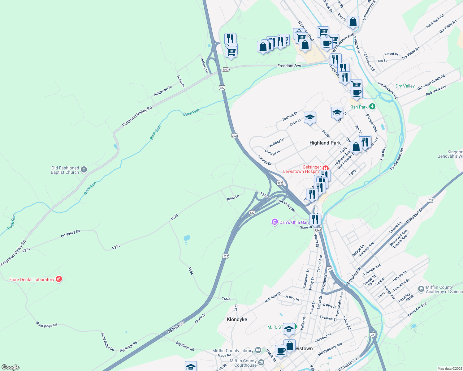 map of restaurants, bars, coffee shops, grocery stores, and more near 186 Ort Valley Road in Lewistown
