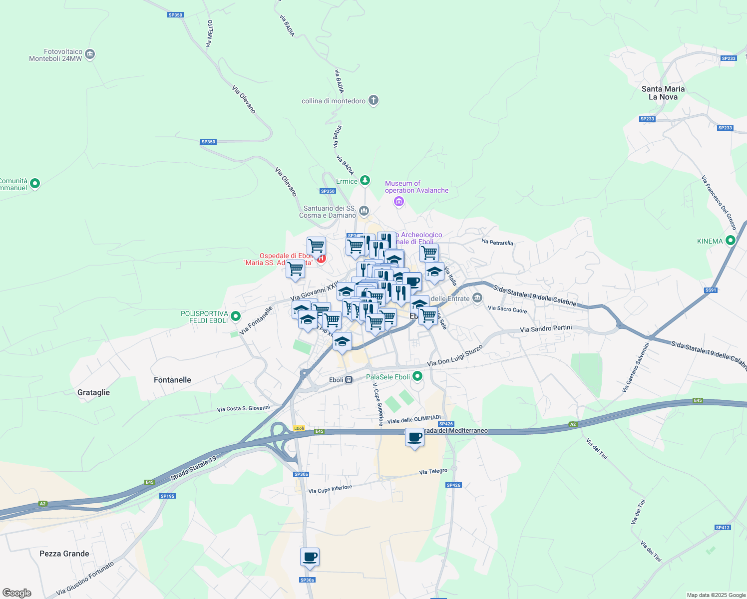map of restaurants, bars, coffee shops, grocery stores, and more near 54 Viale Giovanni Amendola in Eboli
