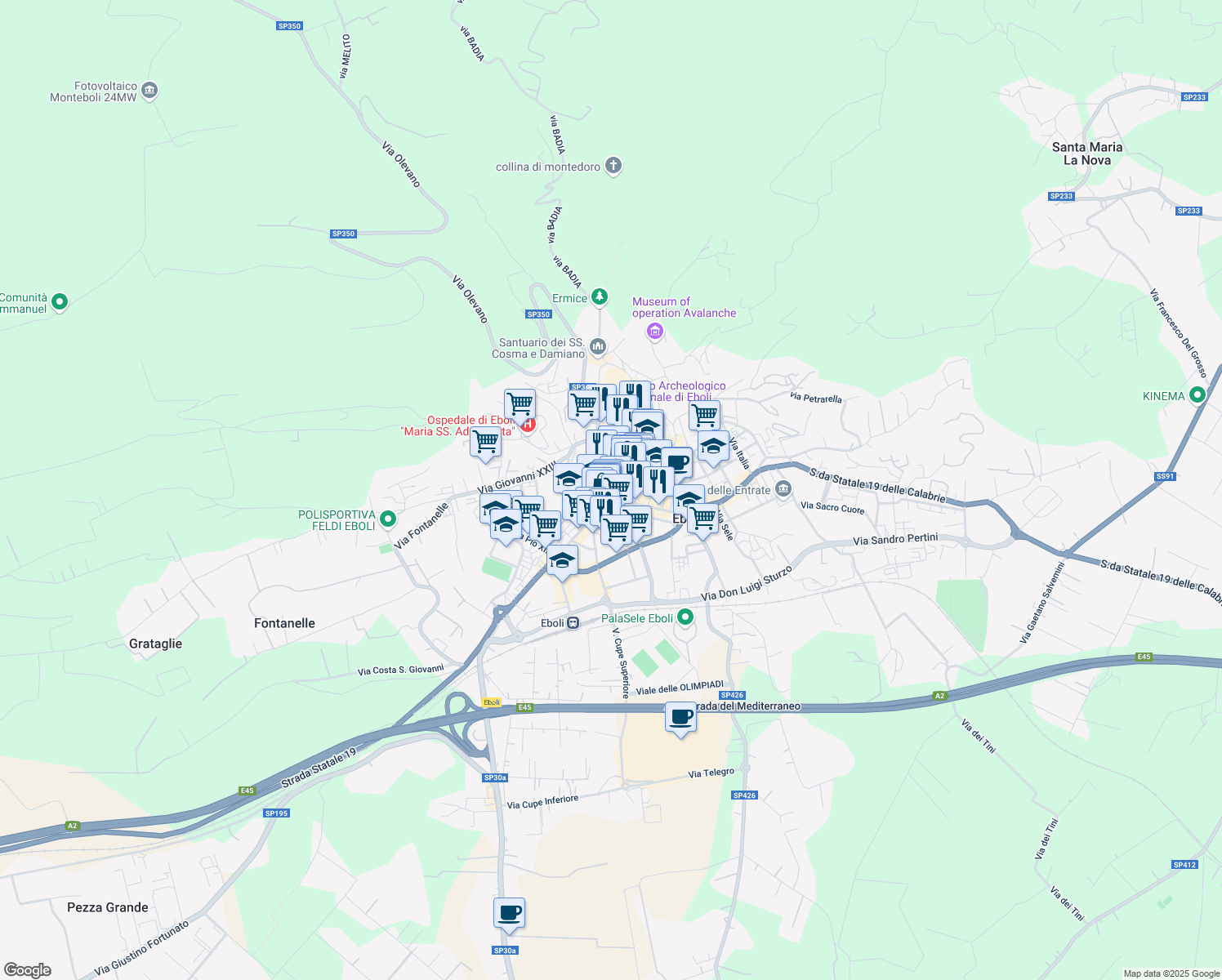 map of restaurants, bars, coffee shops, grocery stores, and more near 54 Viale Giovanni Amendola in Eboli