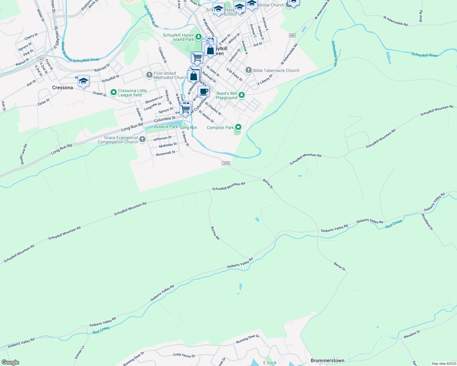 map of restaurants, bars, coffee shops, grocery stores, and more near 1117 Schuylkill Mountain Road in Schuylkill Haven