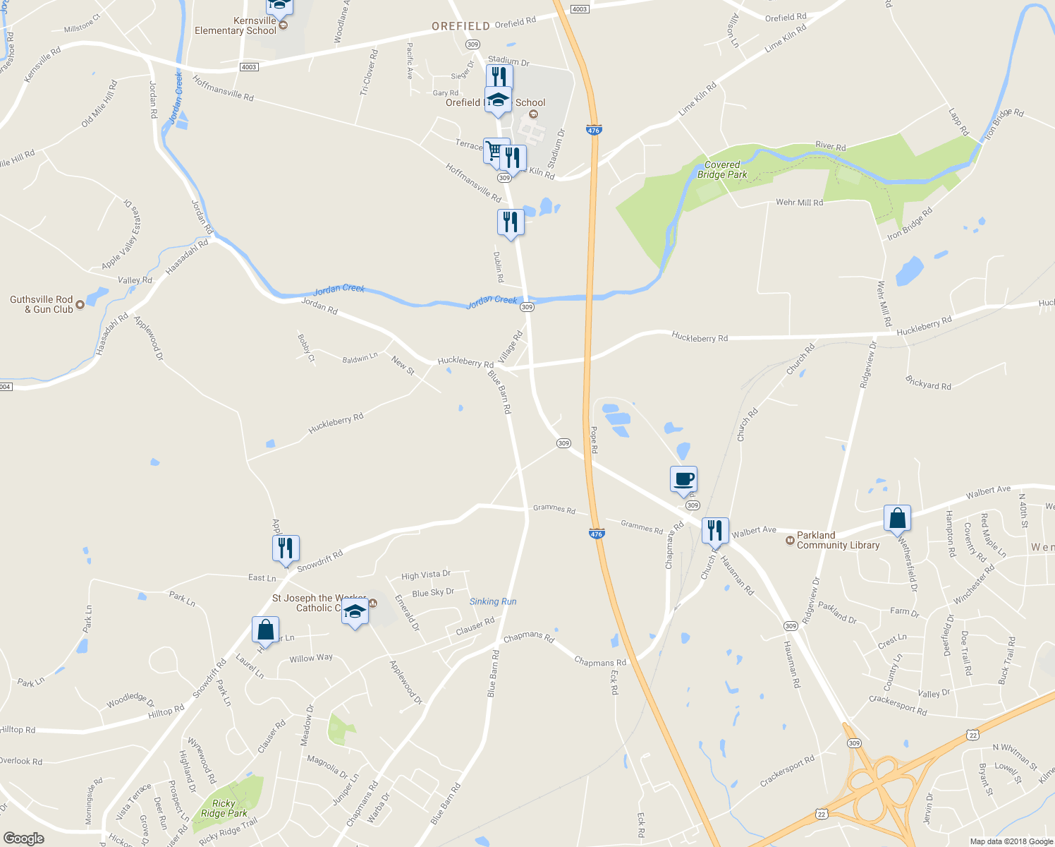 map of restaurants, bars, coffee shops, grocery stores, and more near 4828 Huckleberry Road in Lehigh County