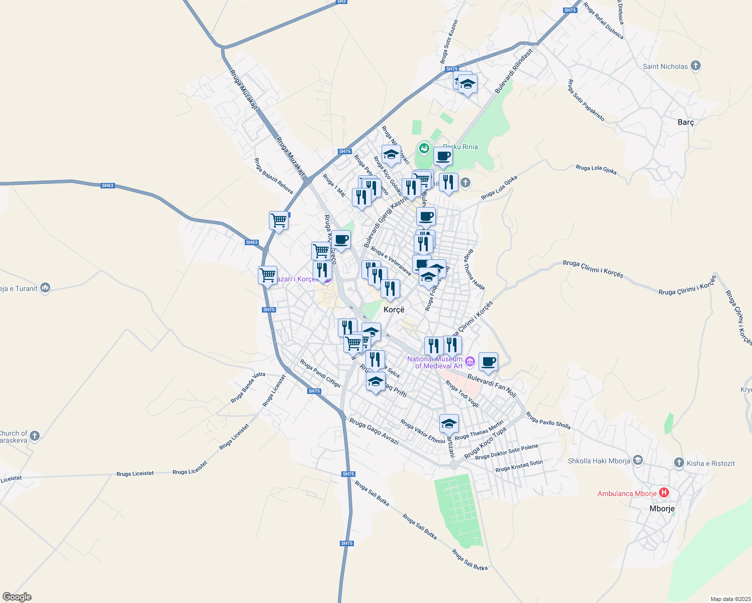 map of restaurants, bars, coffee shops, grocery stores, and more near Rruga Konferenca e Pezës in Korçë