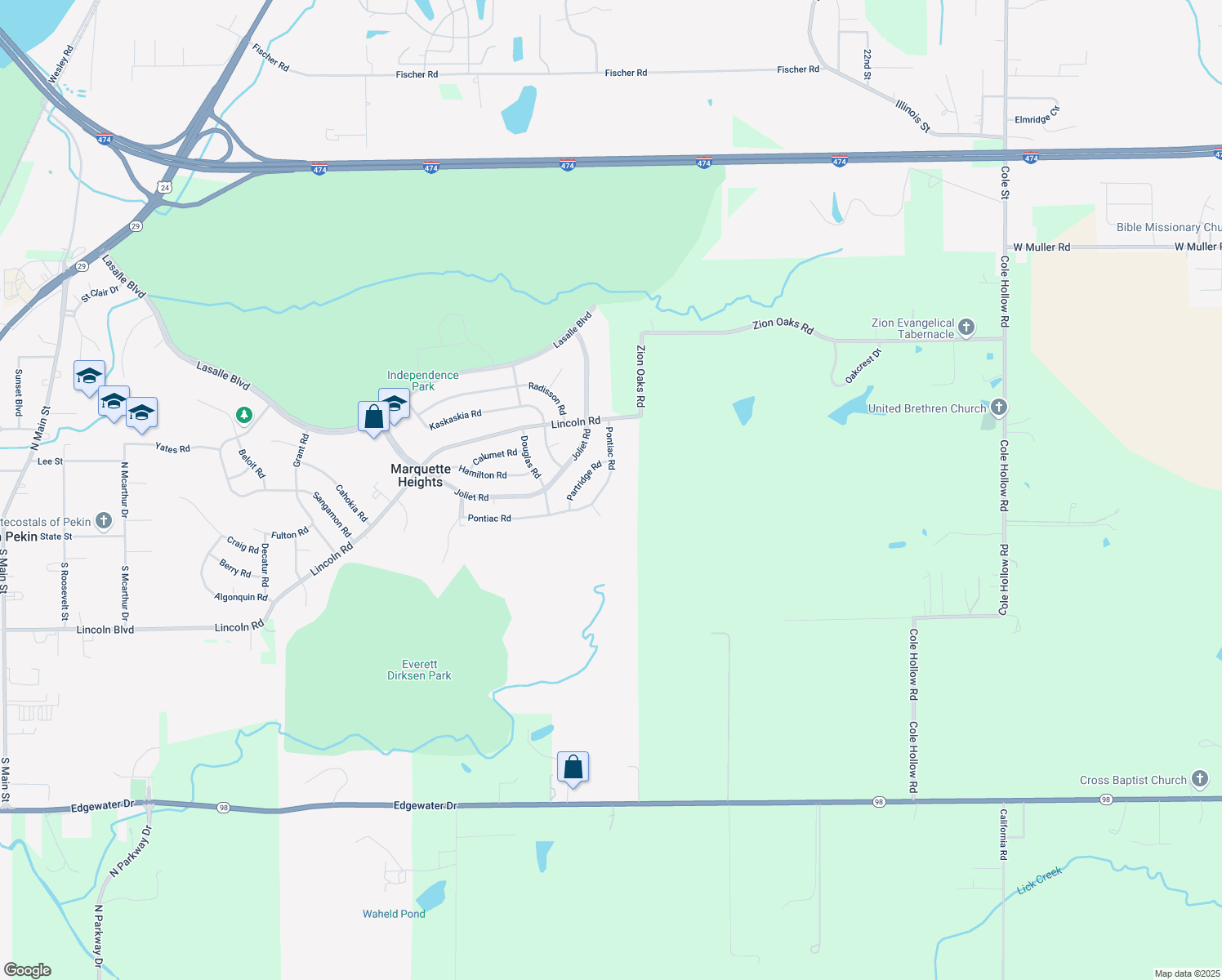 map of restaurants, bars, coffee shops, grocery stores, and more near 408 Pontiac Rd in Marquette Heights