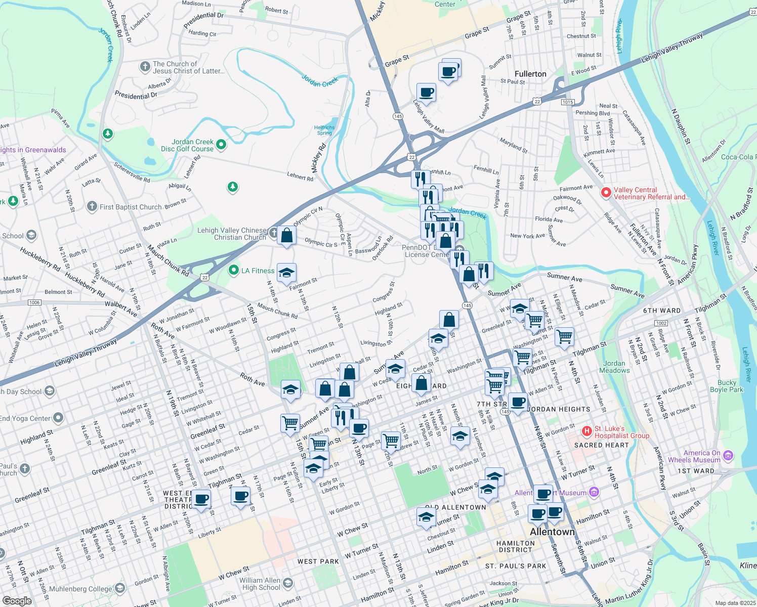 map of restaurants, bars, coffee shops, grocery stores, and more near 1020 Congress St in Fullerton