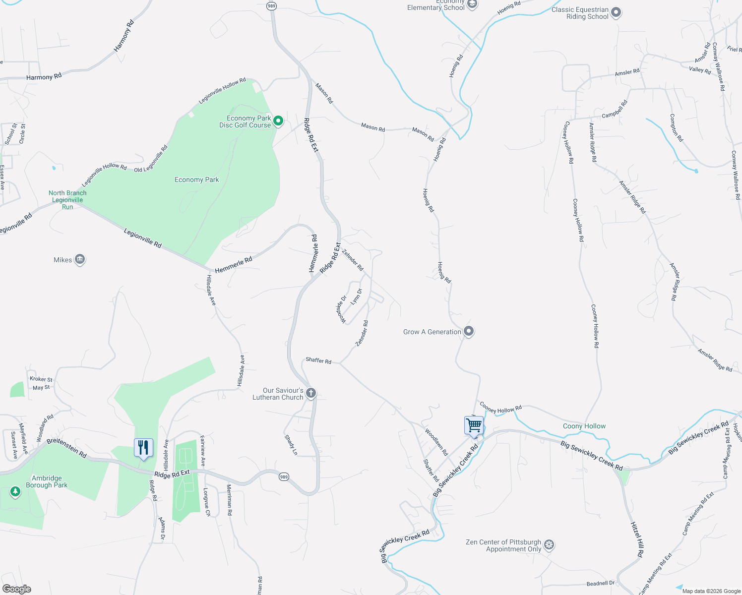 map of restaurants, bars, coffee shops, grocery stores, and more near 190 Zehnder Road in Ambridge