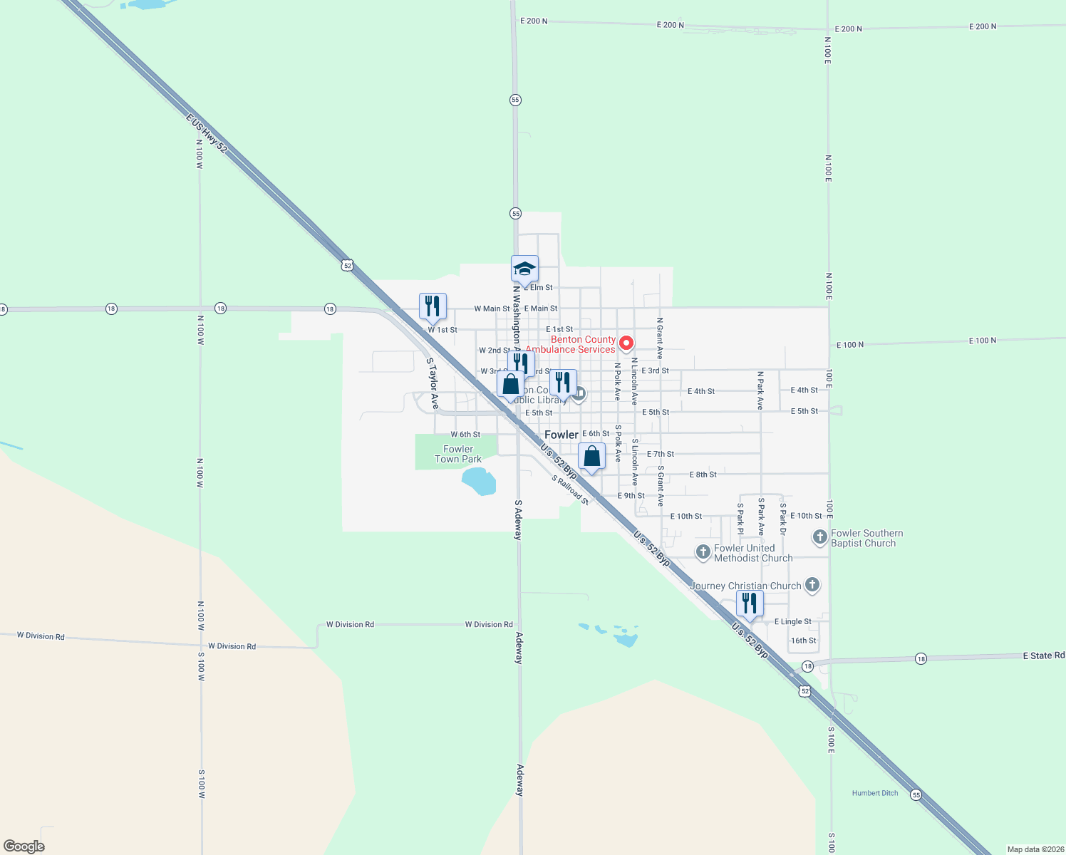 map of restaurants, bars, coffee shops, grocery stores, and more near 112 South Adams Avenue in Fowler