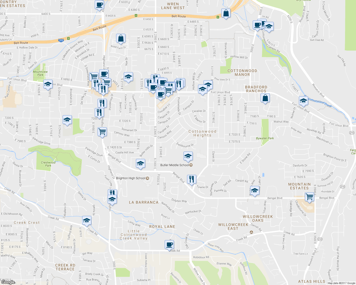 map of restaurants, bars, coffee shops, grocery stores, and more near 7388 Sunhill Rd in Cottonwood Heights