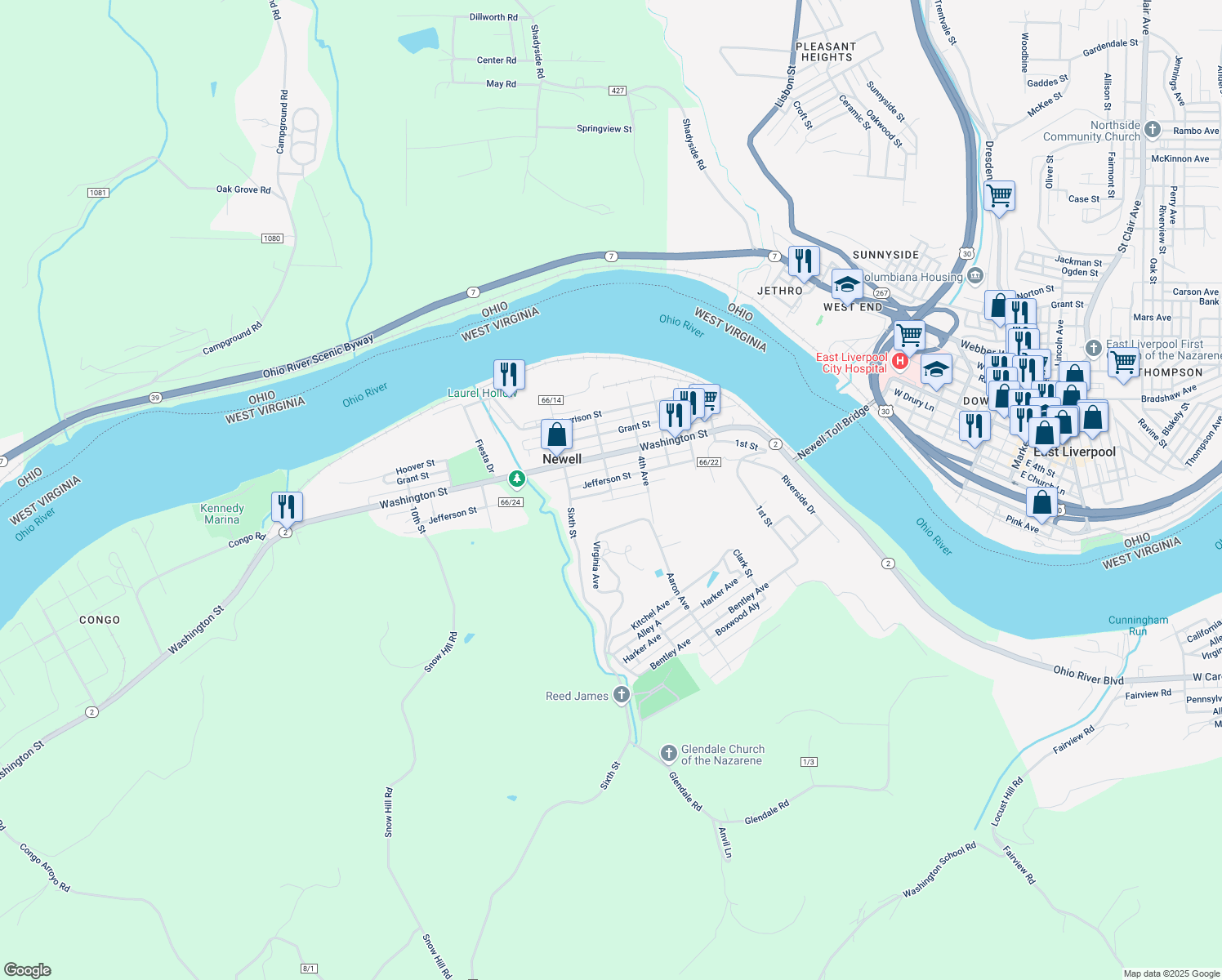 map of restaurants, bars, coffee shops, grocery stores, and more near Lincoln Ave in Newell