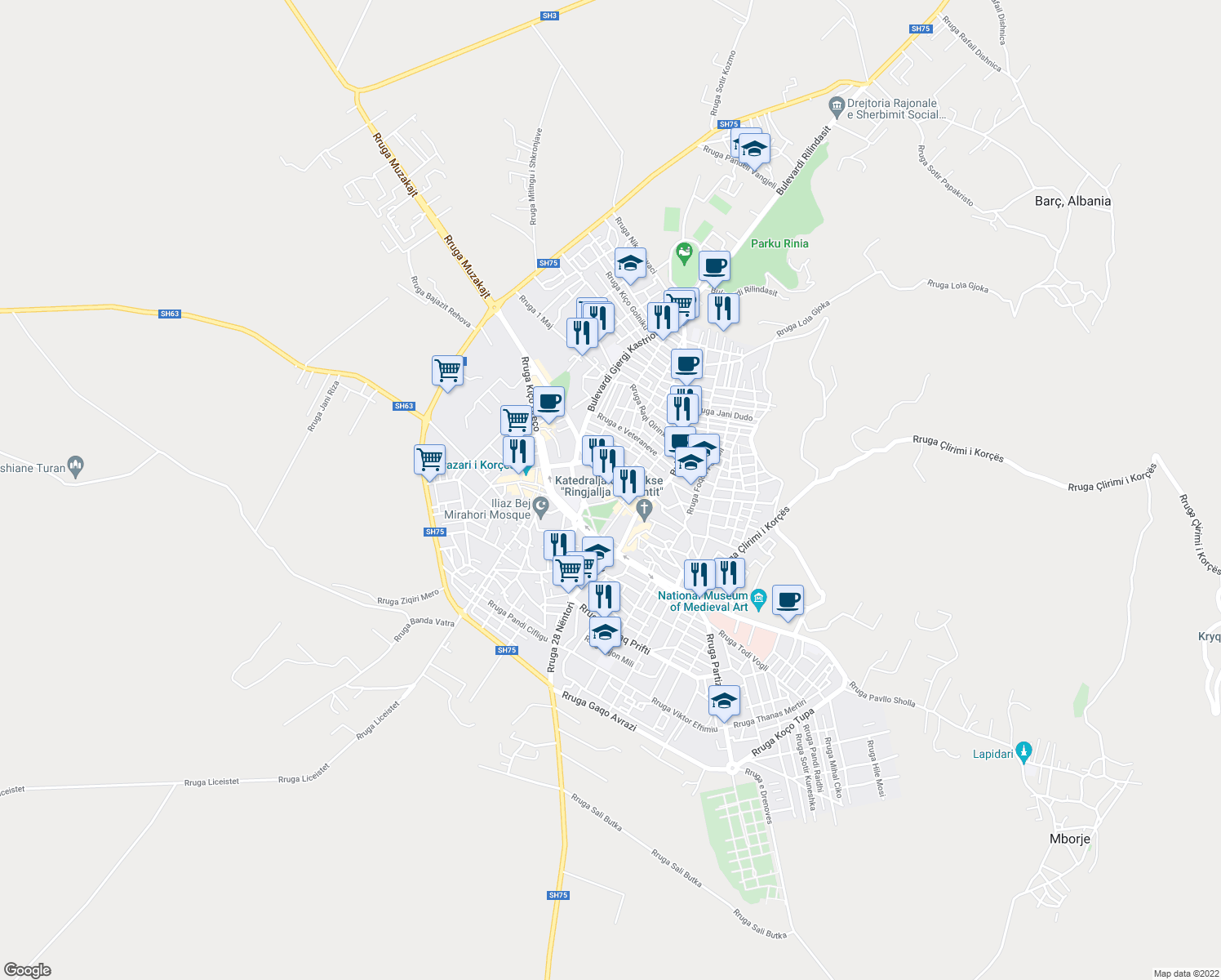 map of restaurants, bars, coffee shops, grocery stores, and more near Bulevardi Shën Gjergji in Korçë