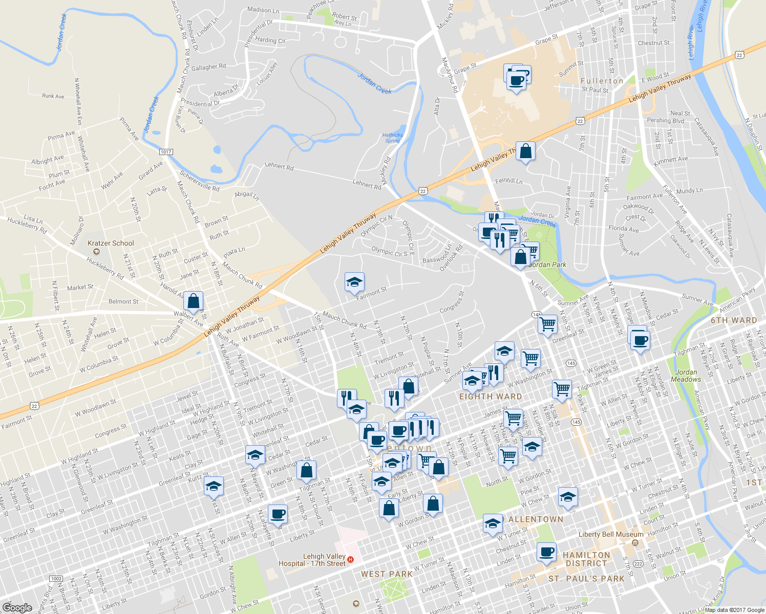 map of restaurants, bars, coffee shops, grocery stores, and more near 1230 West Woodlawn Street in Fullerton