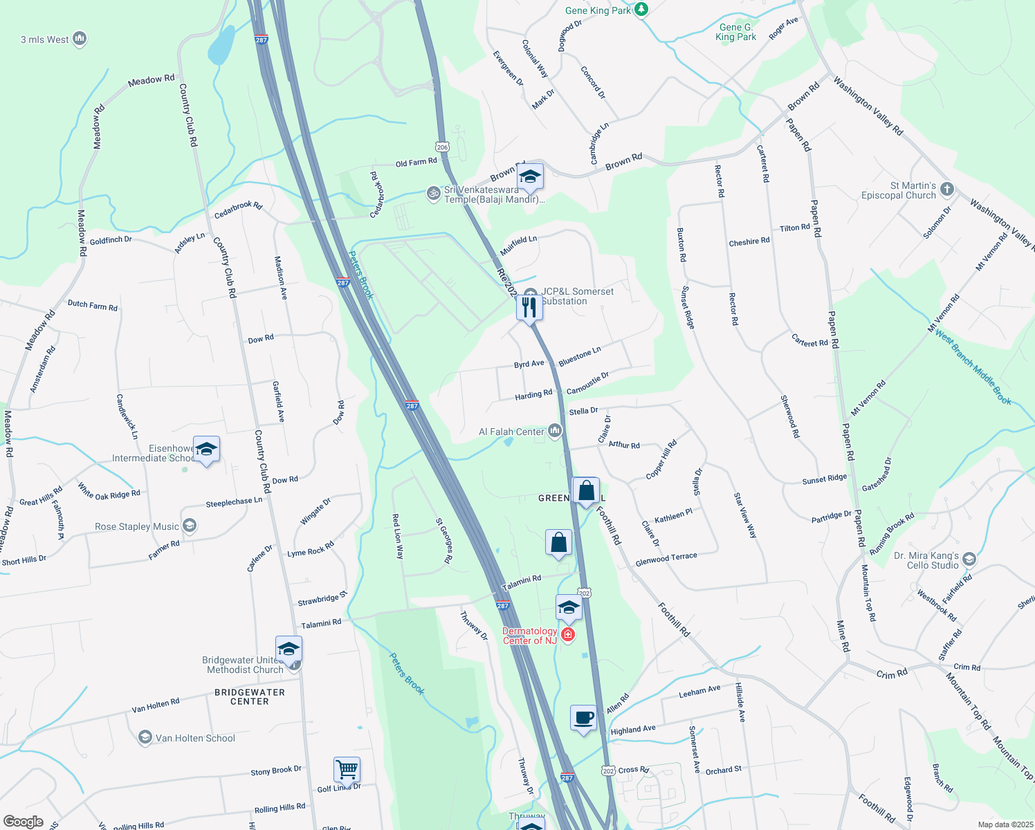 map of restaurants, bars, coffee shops, grocery stores, and more near 772 Harding Road in Bridgewater