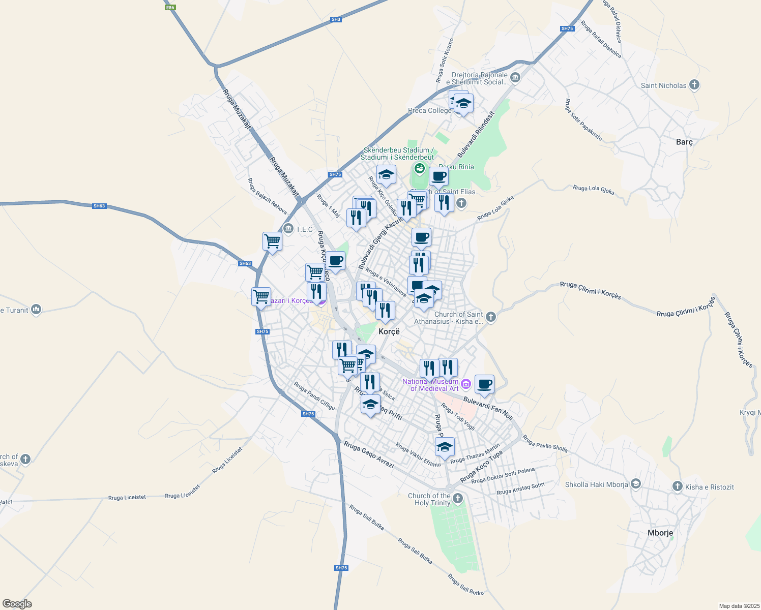 map of restaurants, bars, coffee shops, grocery stores, and more near Rruga Niko Dodona in Korçë