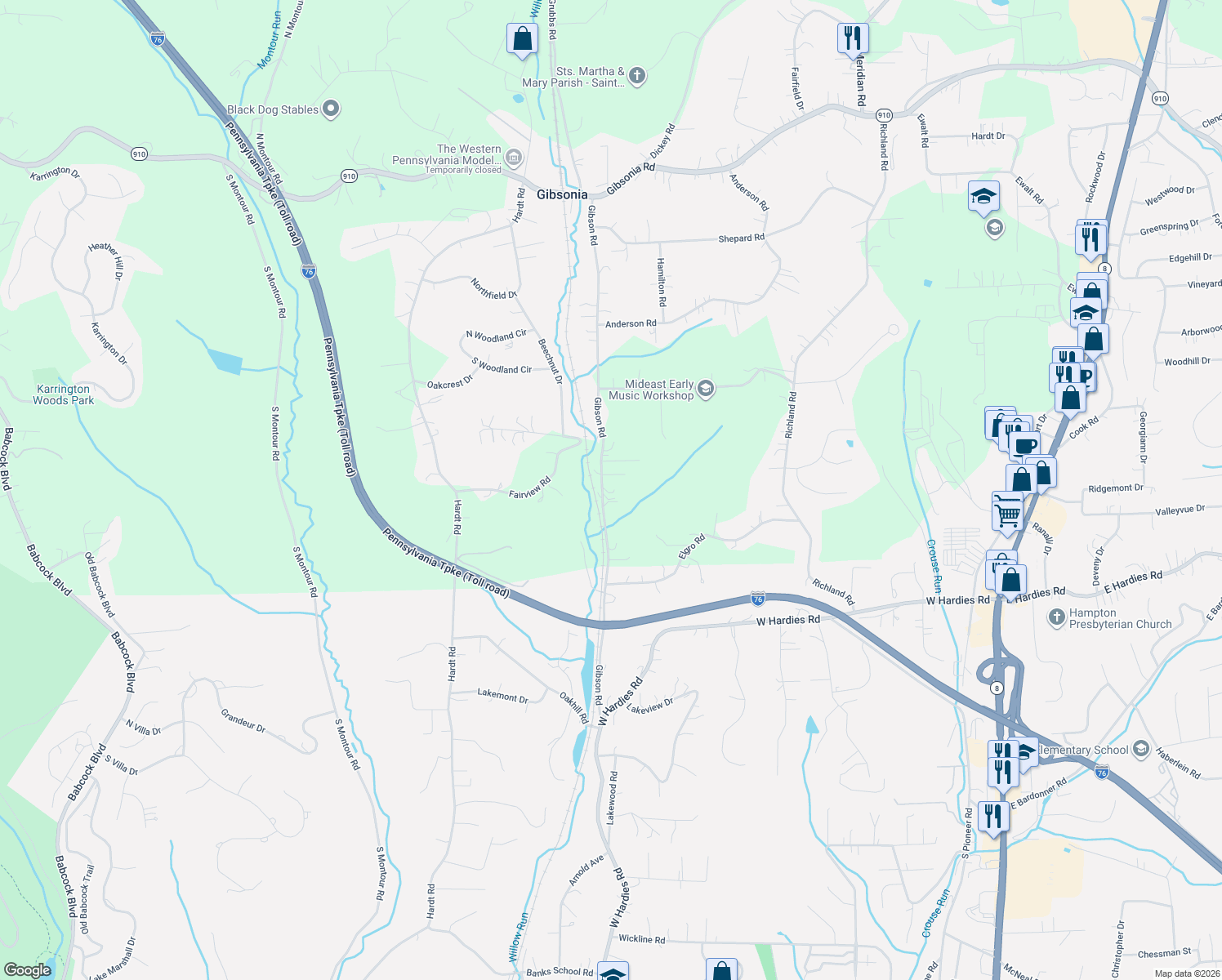 map of restaurants, bars, coffee shops, grocery stores, and more near 5436 Gibson Road in Gibsonia