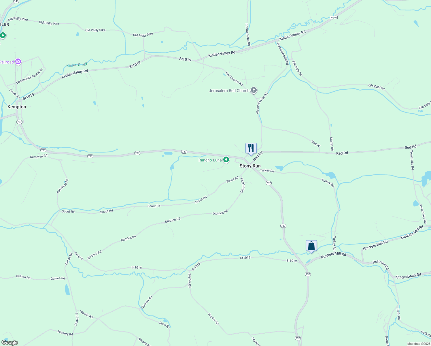 map of restaurants, bars, coffee shops, grocery stores, and more near 40 Brigham Way in Kempton