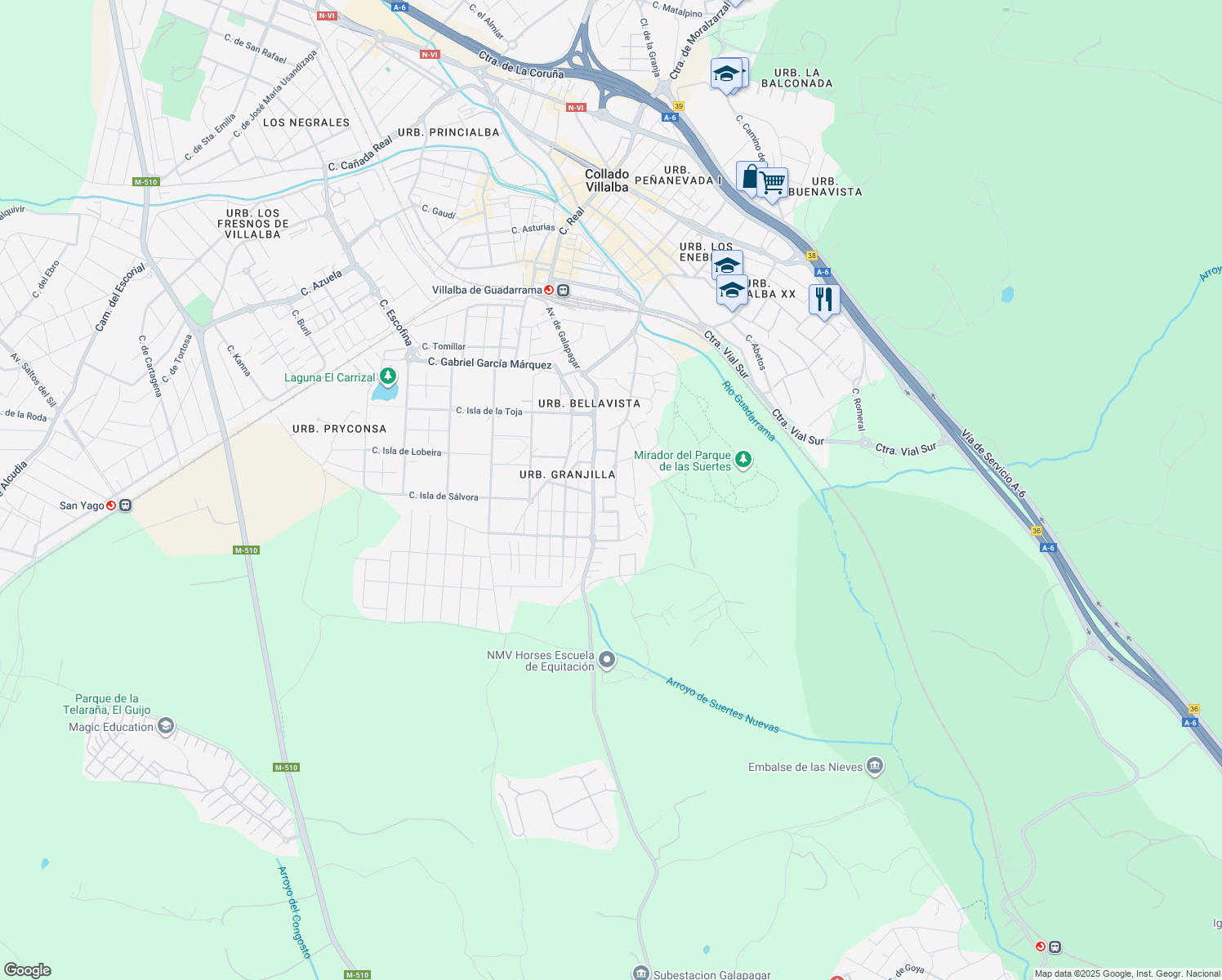 map of restaurants, bars, coffee shops, grocery stores, and more near 101 Avenida las Suertes in Collado Villalba