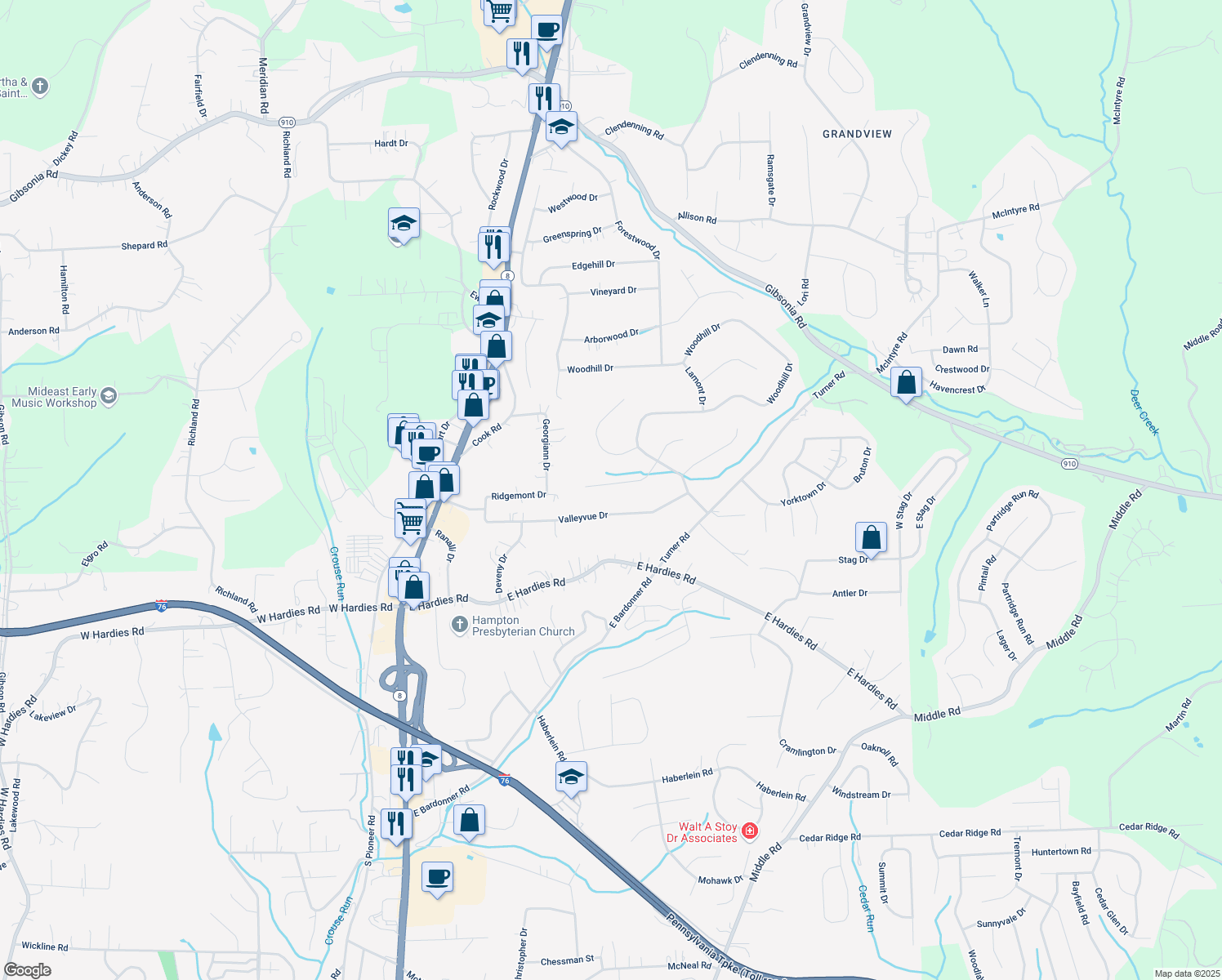 map of restaurants, bars, coffee shops, grocery stores, and more near 2033 Blossom Drive in Gibsonia