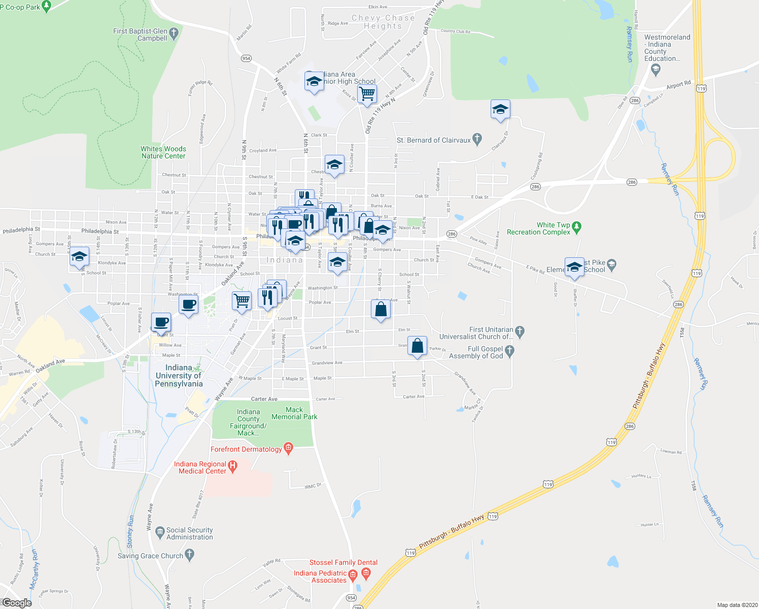 map of restaurants, bars, coffee shops, grocery stores, and more near 310 Poplar Avenue in Indiana