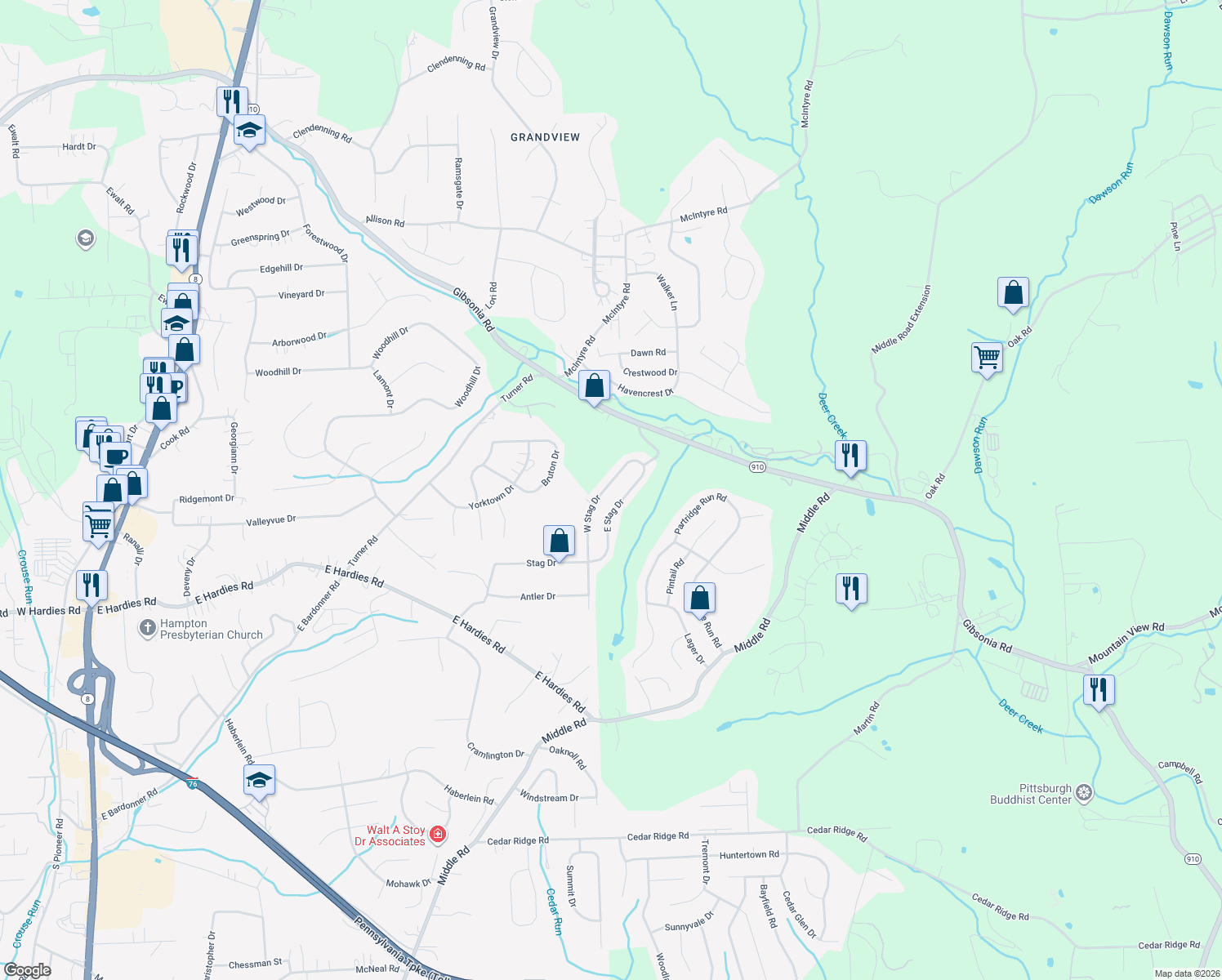 map of restaurants, bars, coffee shops, grocery stores, and more near 3515 West Stag Drive in Gibsonia