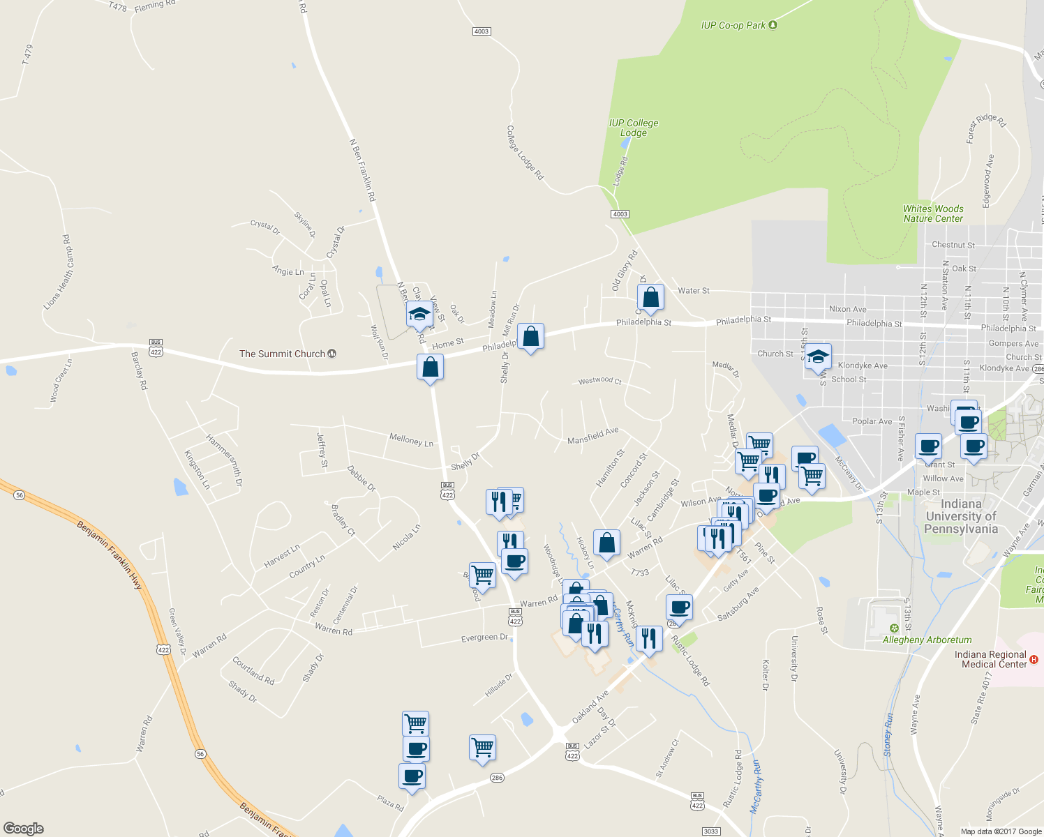 map of restaurants, bars, coffee shops, grocery stores, and more near 101 Adams Circle in Indiana
