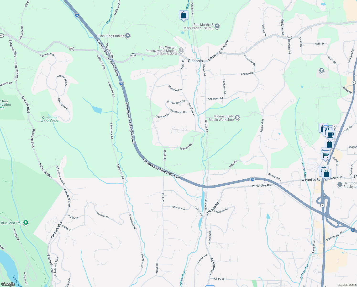 map of restaurants, bars, coffee shops, grocery stores, and more near 3015 Fairview Road in Gibsonia