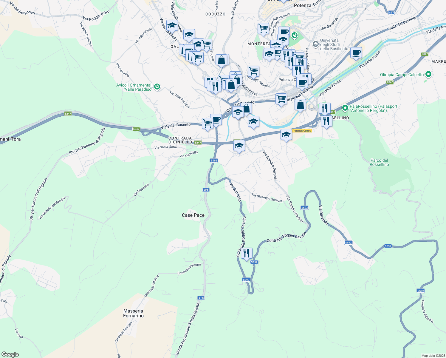 map of restaurants, bars, coffee shops, grocery stores, and more near Contrada Poggio Cavallo in Potenza