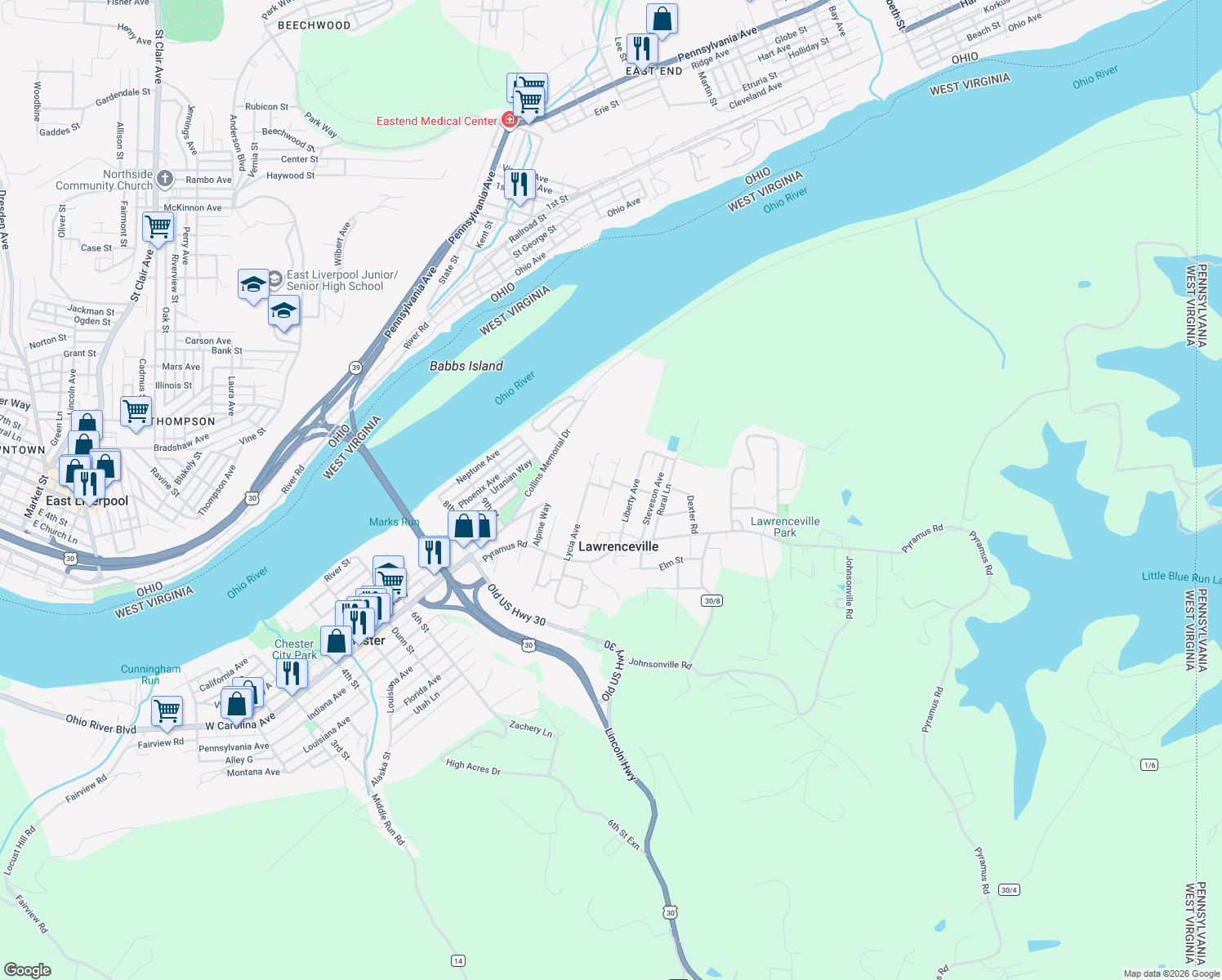 map of restaurants, bars, coffee shops, grocery stores, and more near 33 Alba Avenue in Chester