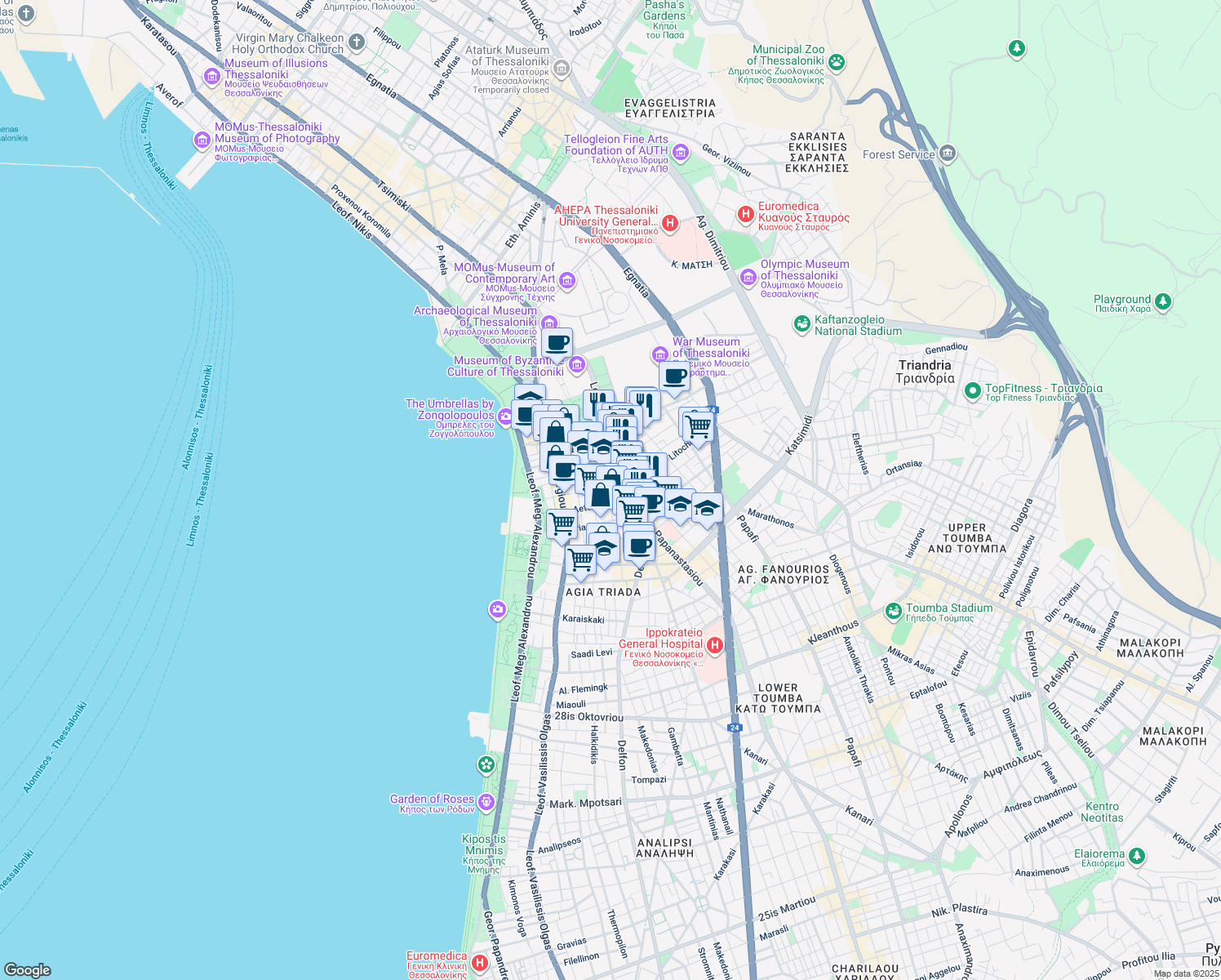 map of restaurants, bars, coffee shops, grocery stores, and more near in Thessaloniki