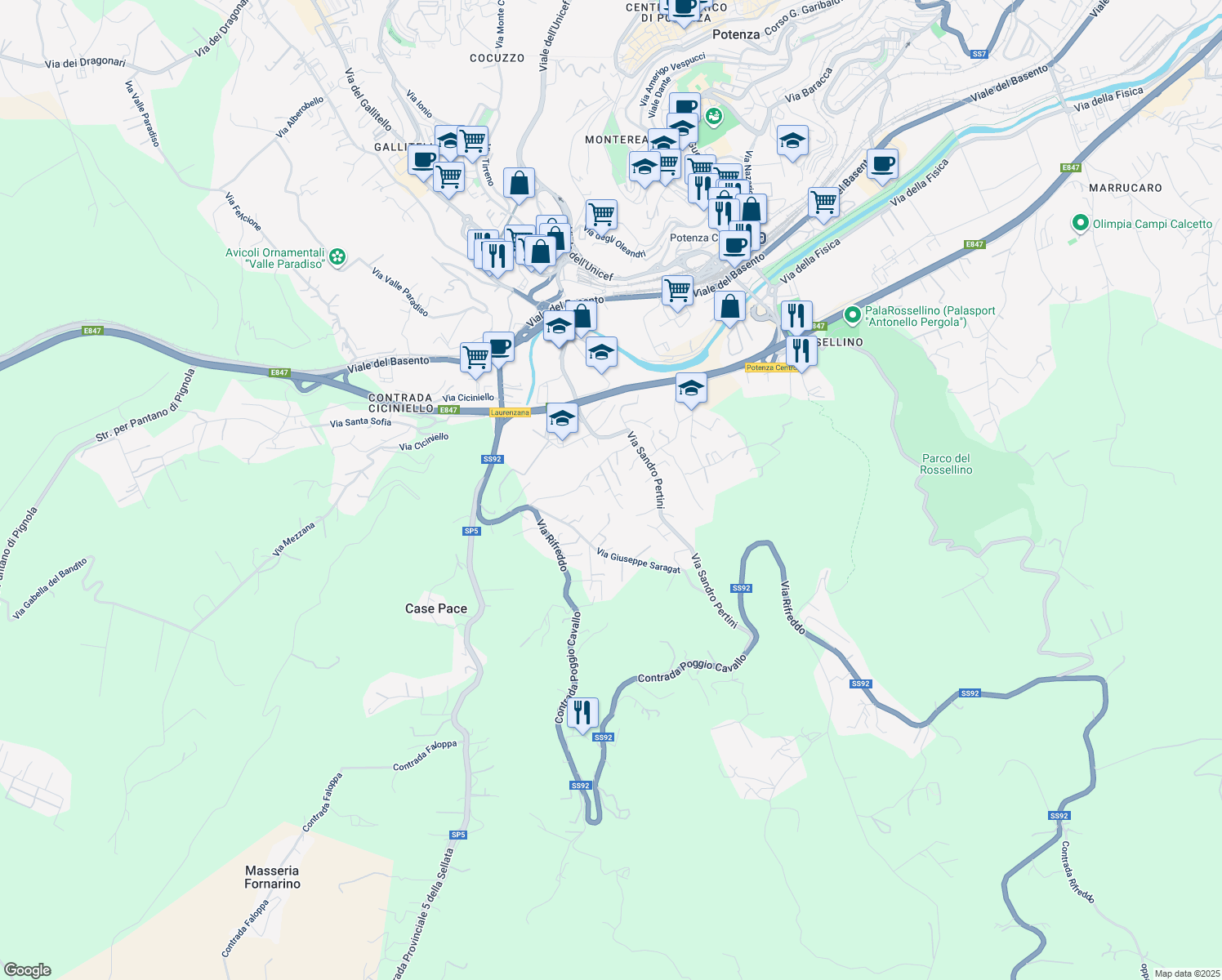 map of restaurants, bars, coffee shops, grocery stores, and more near 15 Via Giovanni Gronchi in Potenza