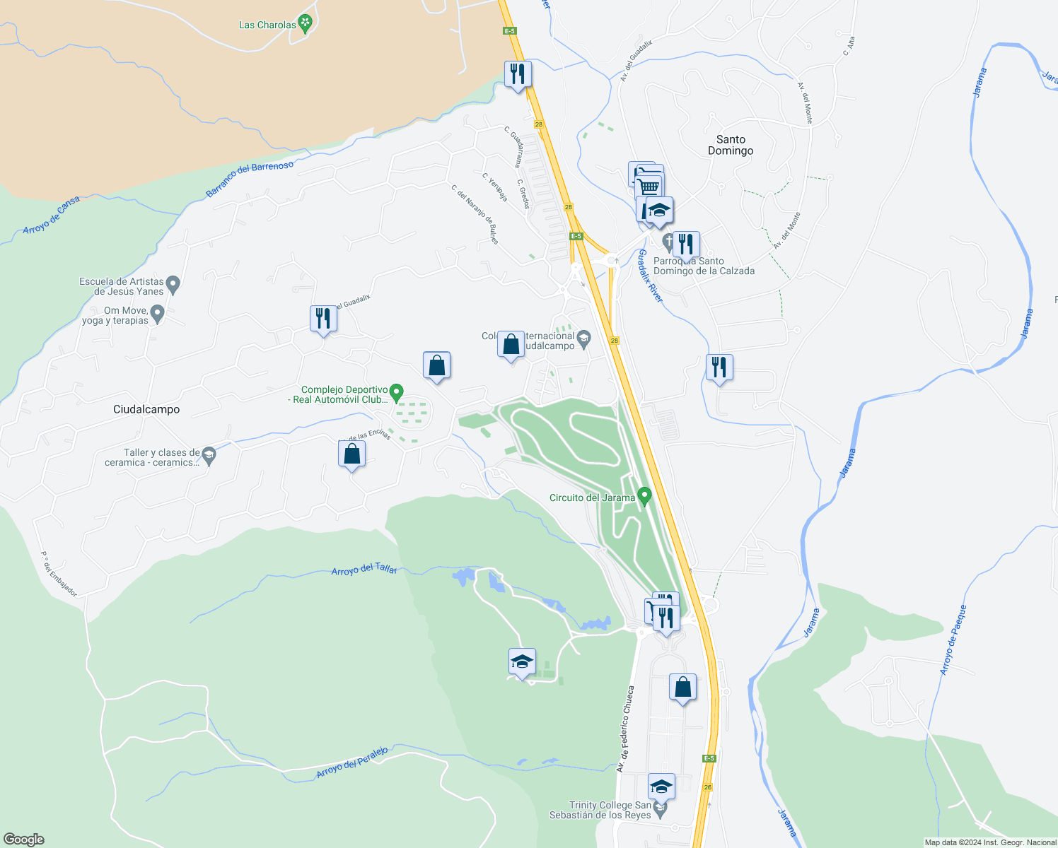 map of restaurants, bars, coffee shops, grocery stores, and more near km 28 A-1 in San Sebastián de los Reyes