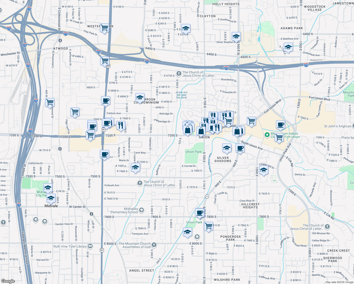 map of restaurants, bars, coffee shops, grocery stores, and more near 7240 S 525 E in Midvale