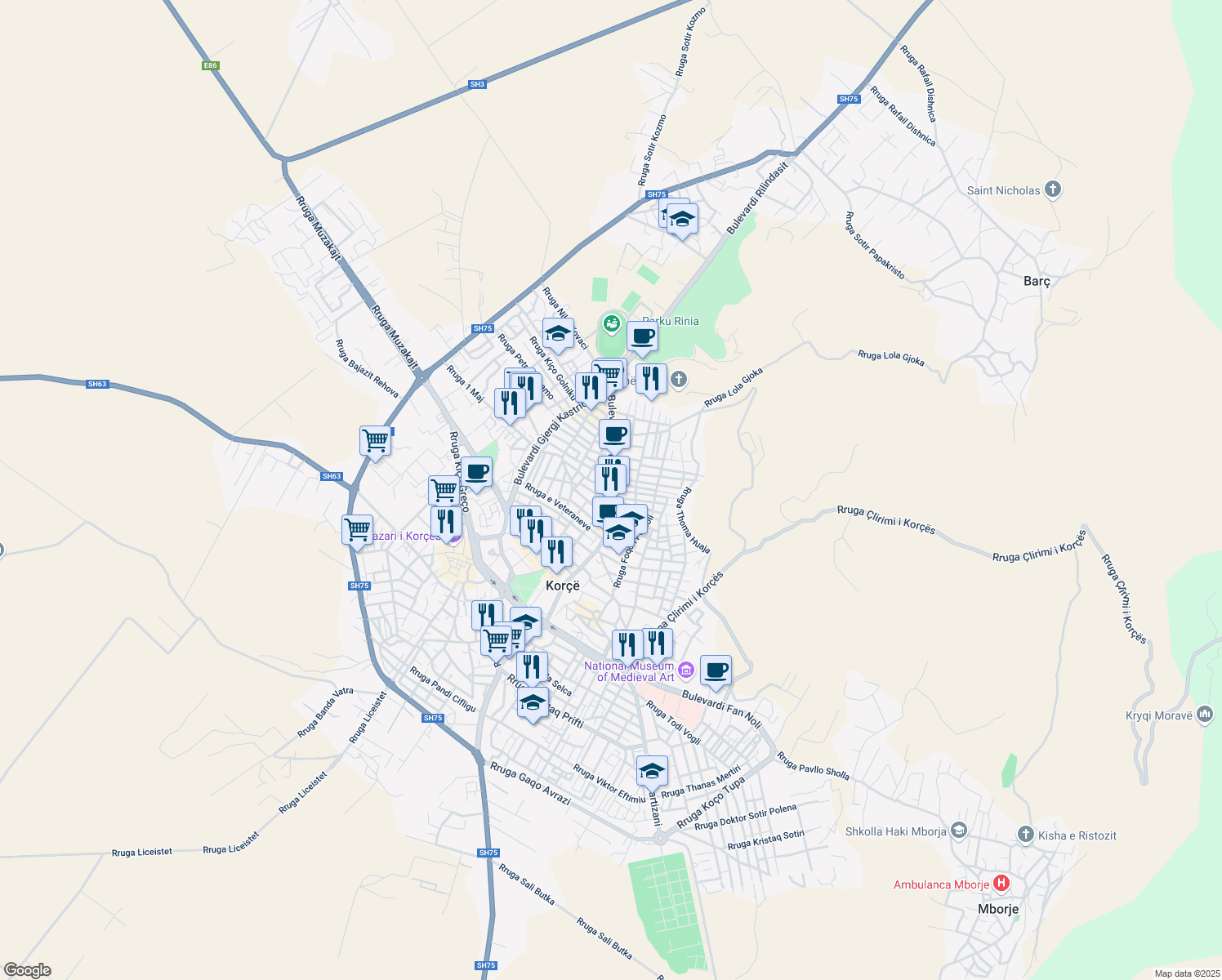 map of restaurants, bars, coffee shops, grocery stores, and more near Bulevardi Republika in Korçë