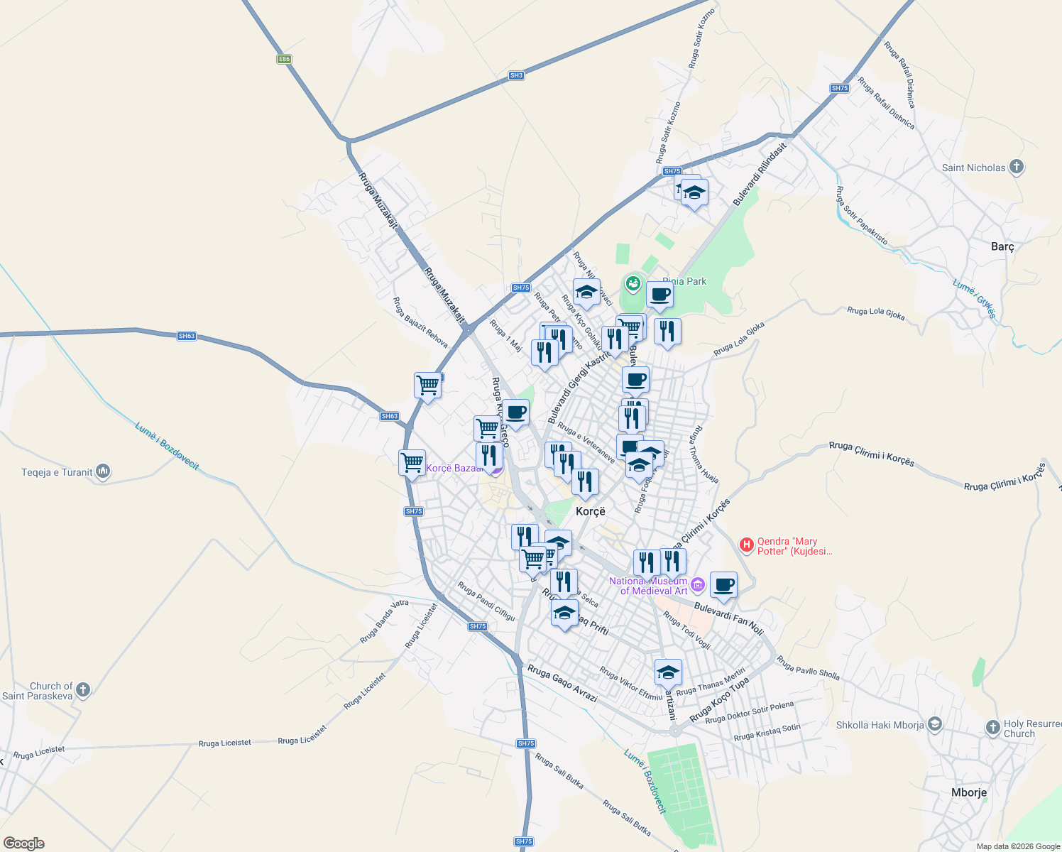 map of restaurants, bars, coffee shops, grocery stores, and more near Rruga Midhi Kostani in Korçë