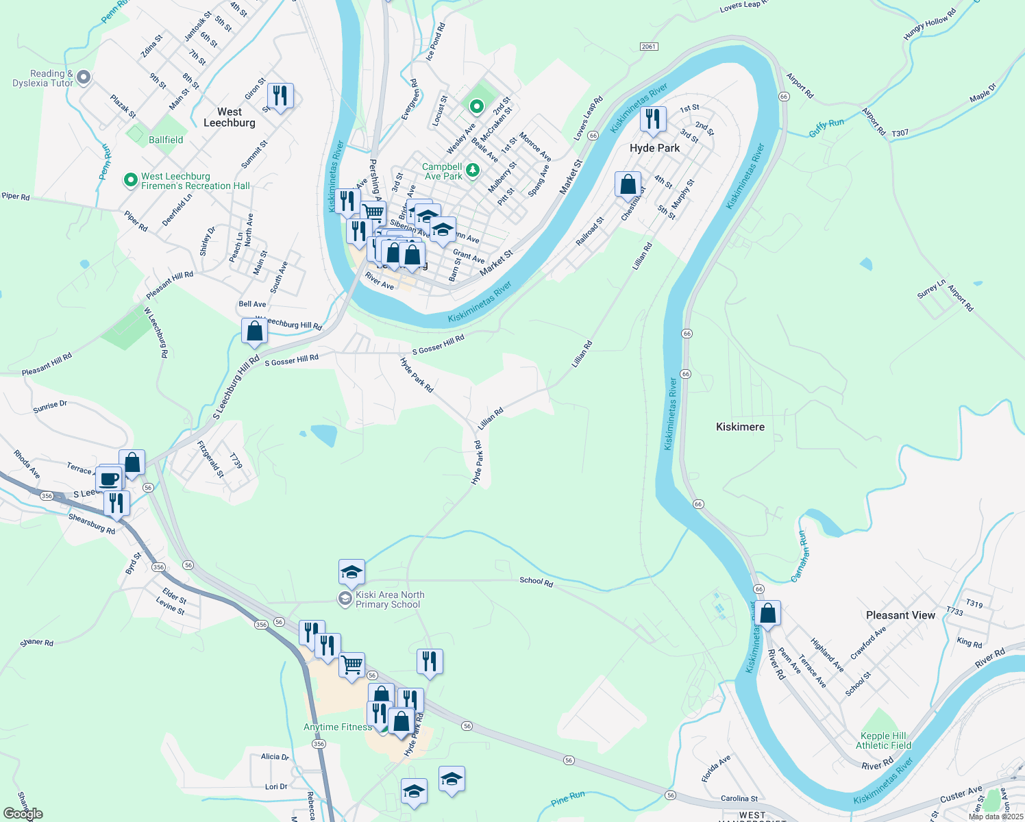 map of restaurants, bars, coffee shops, grocery stores, and more near 154 Lillian Rd in Leechburg