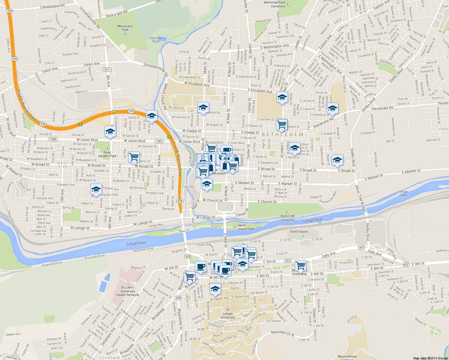 map of restaurants, bars, coffee shops, grocery stores, and more near 511 North New Street in Bethlehem