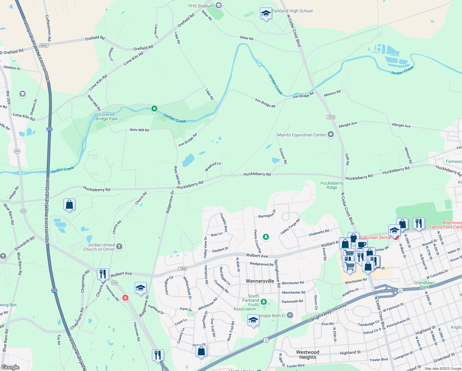 map of restaurants, bars, coffee shops, grocery stores, and more near 3830 Huckleberry Road in Allentown