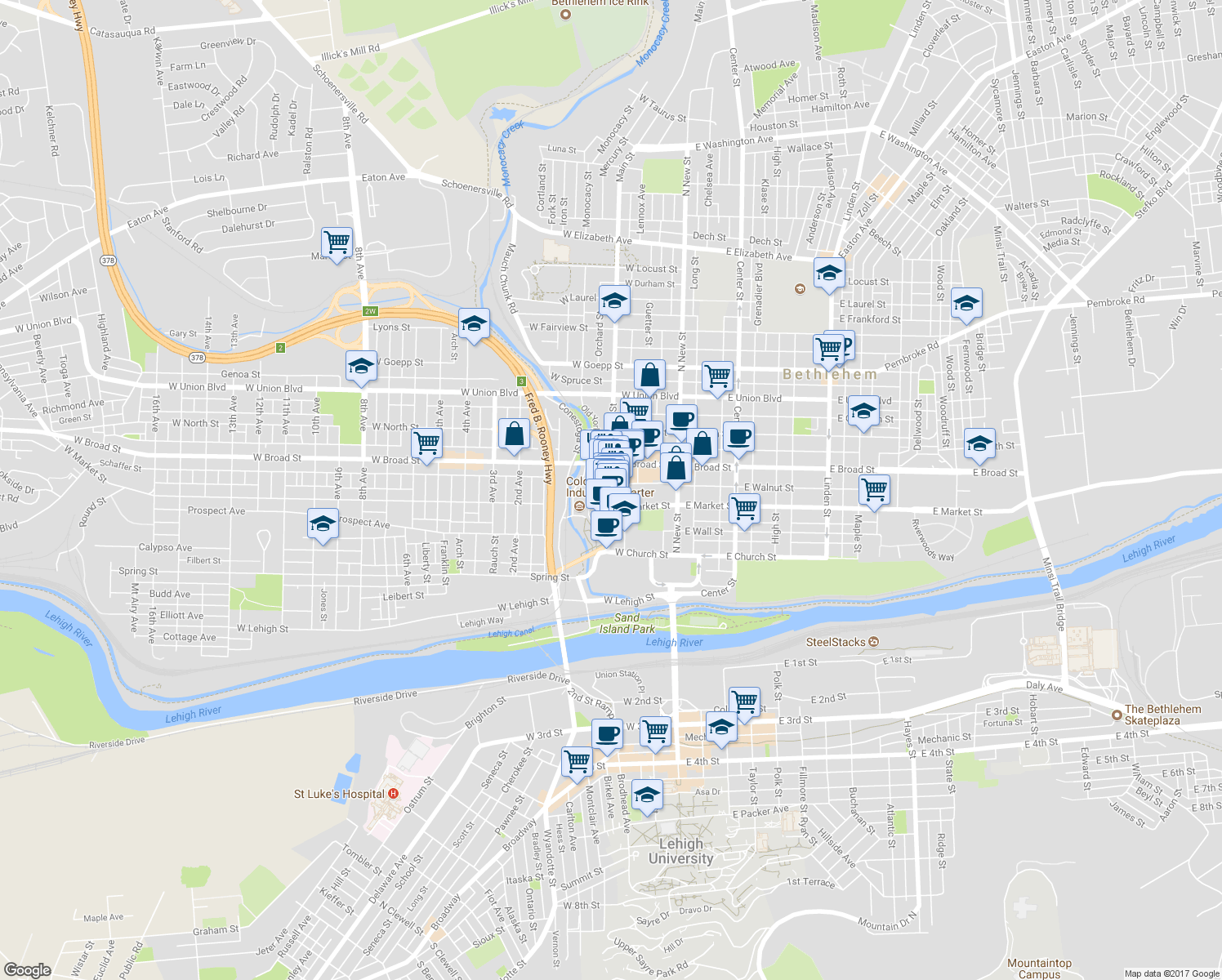 map of restaurants, bars, coffee shops, grocery stores, and more near 532 Main Street in Bethlehem