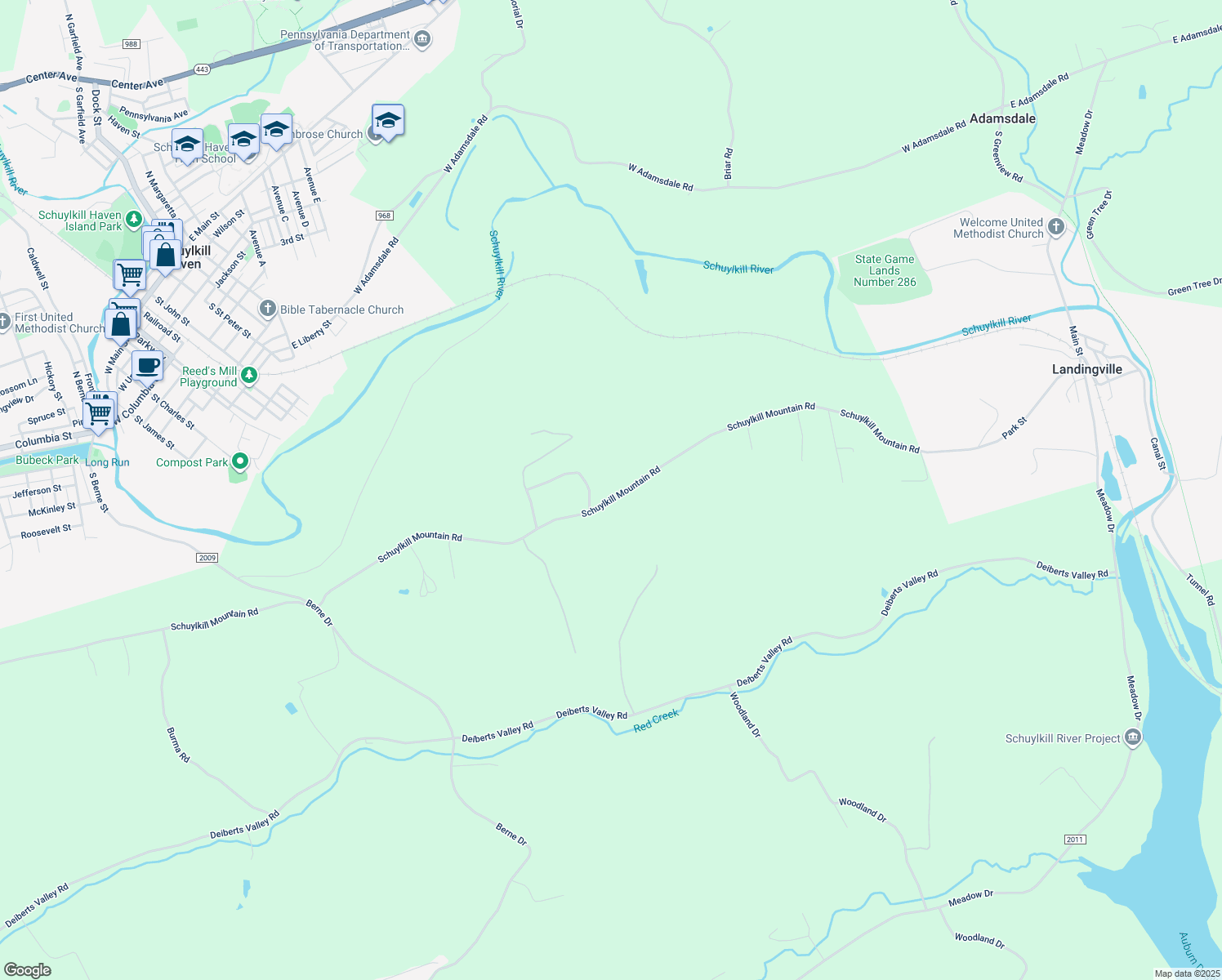 map of restaurants, bars, coffee shops, grocery stores, and more near 1365 Schuylkill Mountain Road in Schuylkill Haven