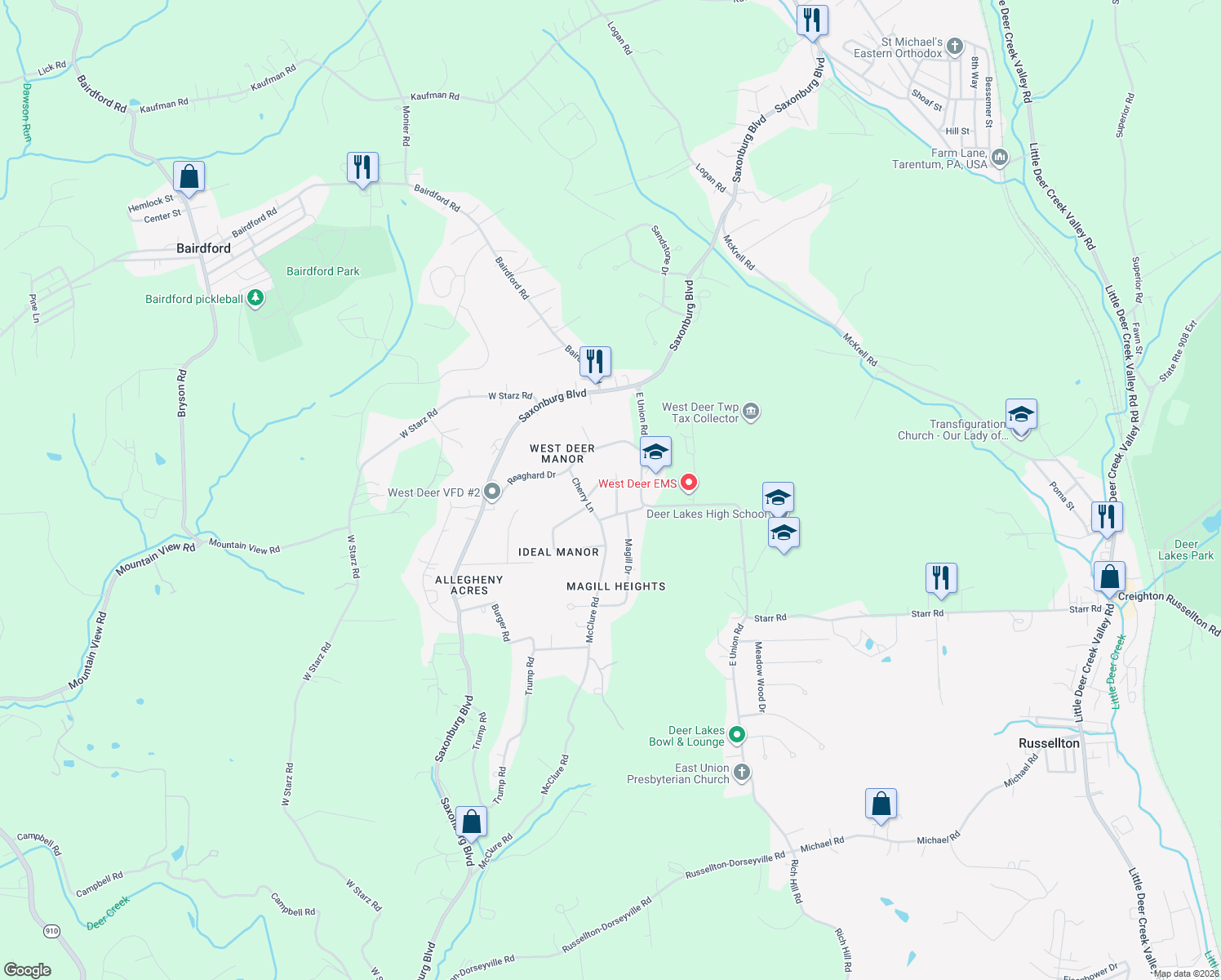 map of restaurants, bars, coffee shops, grocery stores, and more near 29 Ideal Drive in Cheswick