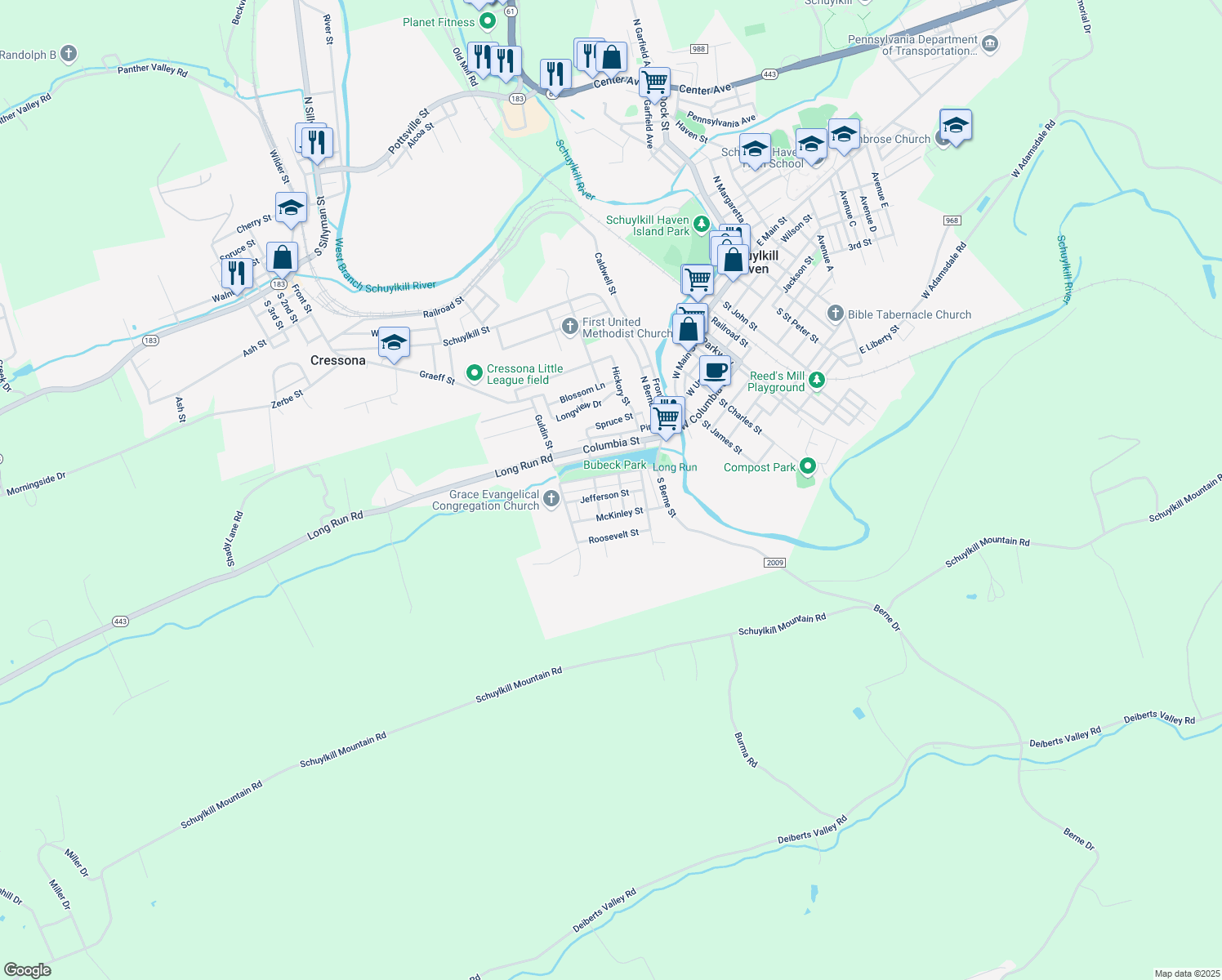 map of restaurants, bars, coffee shops, grocery stores, and more near 104 Jefferson Street in Schuylkill Haven